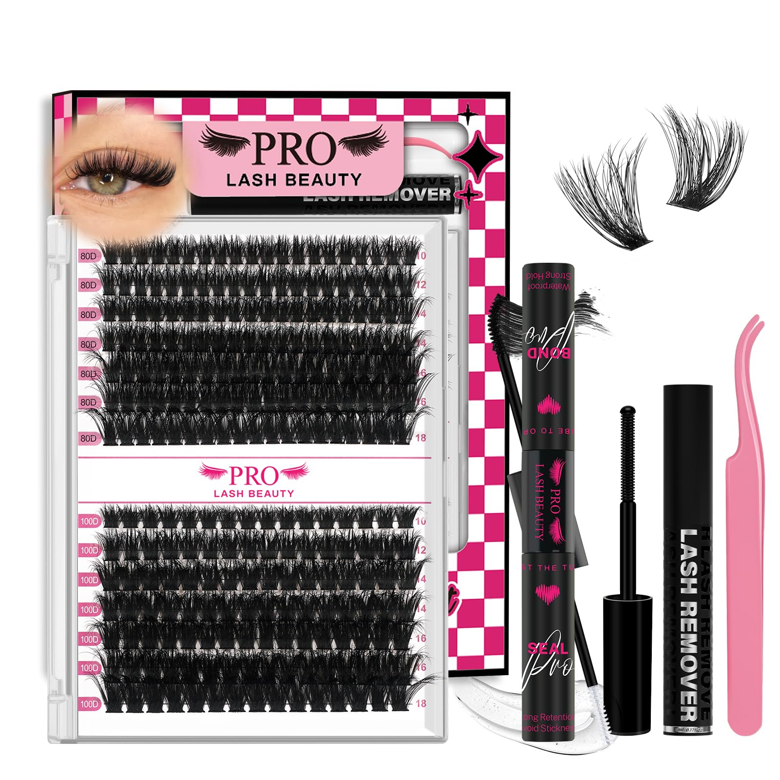 PRO LASHBEAUTY Lash Clusters Kit – 3D DIY Eyelash Extensions with Bond & Seal (80D+100D Mix)