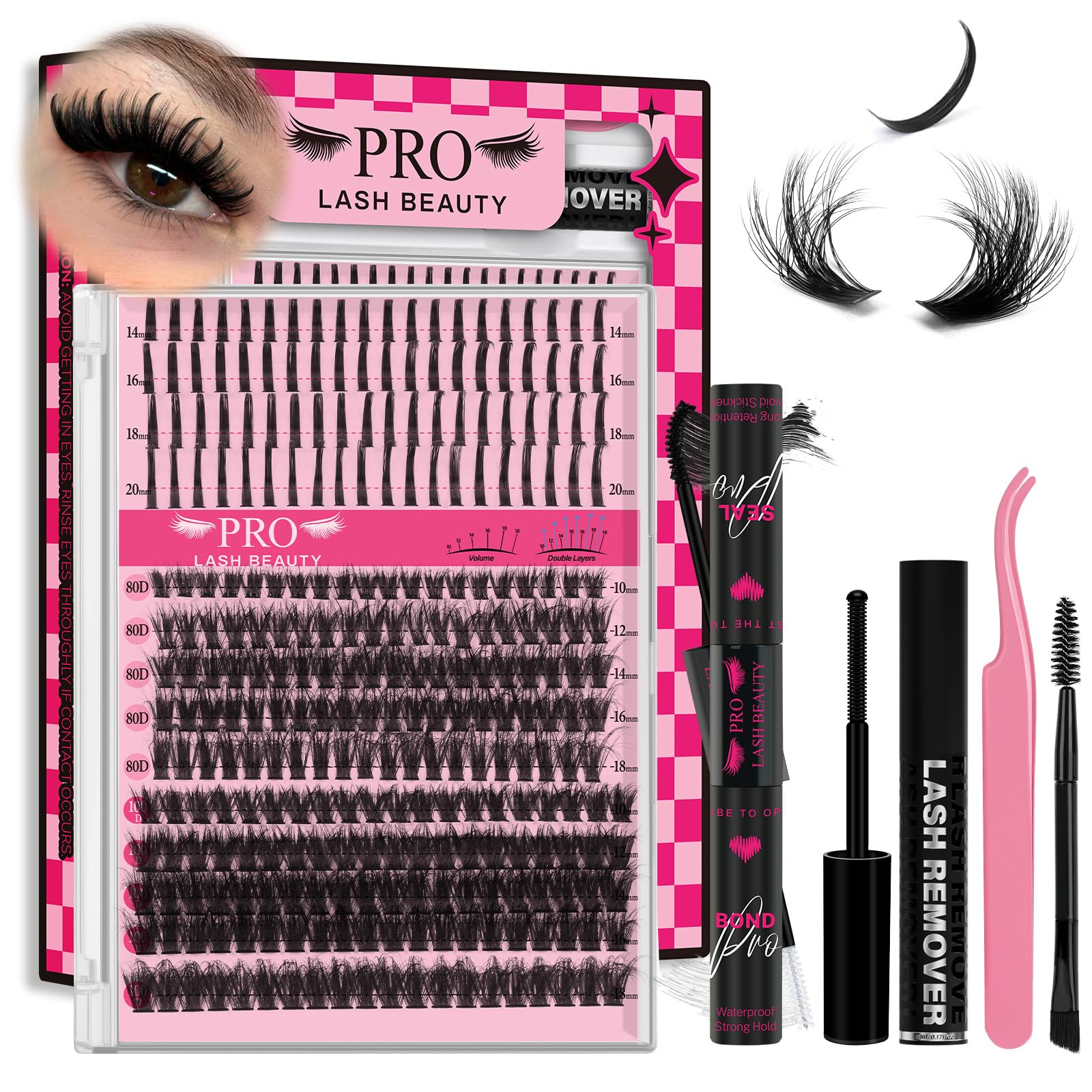 PRO LASHBEAUTY Lash Clusters Kit 80D+100D Spikes 3D Style — DIY Home Lashes with Bond, Seal, Remover & Tweezers