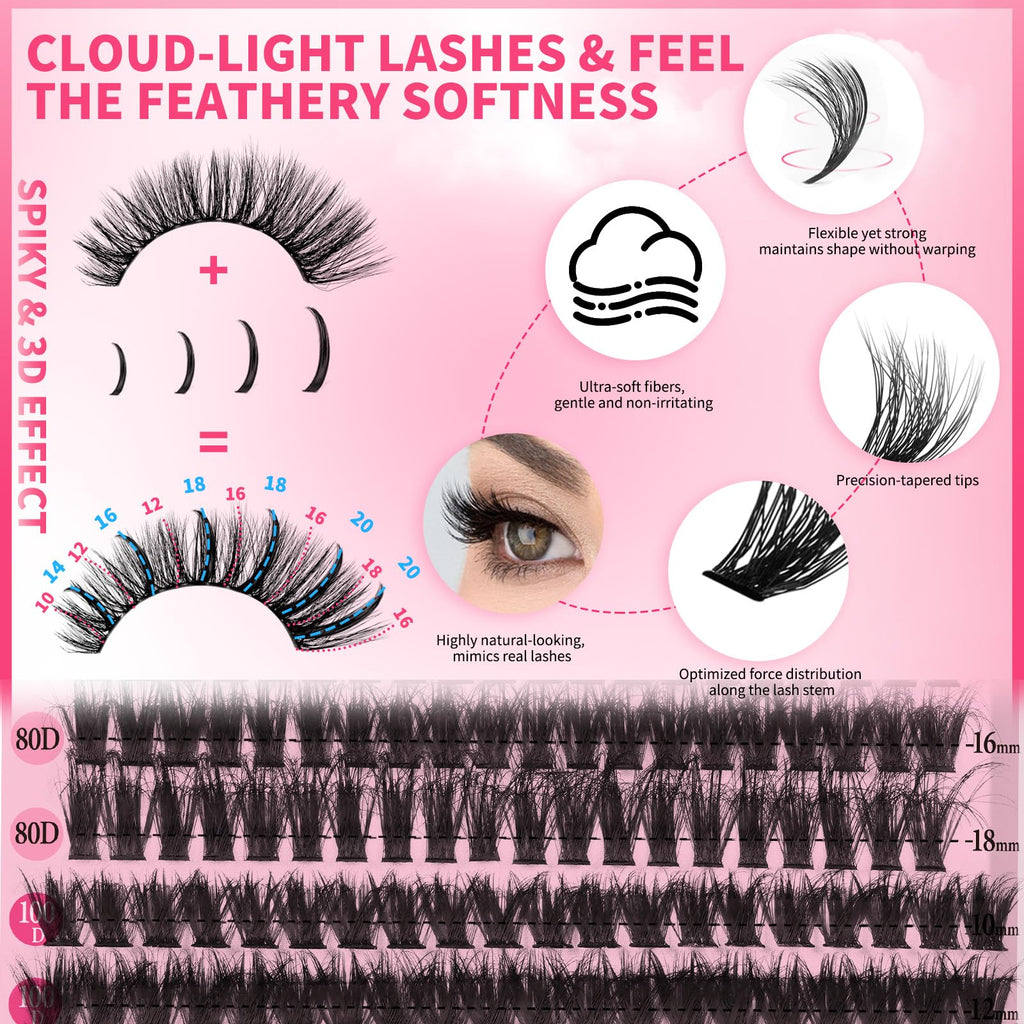 PRO LASHBEAUTY Lash Clusters Kit 80D+100D Spikes 3D Style — DIY Home Lashes with Bond, Seal, Remover & Tweezers