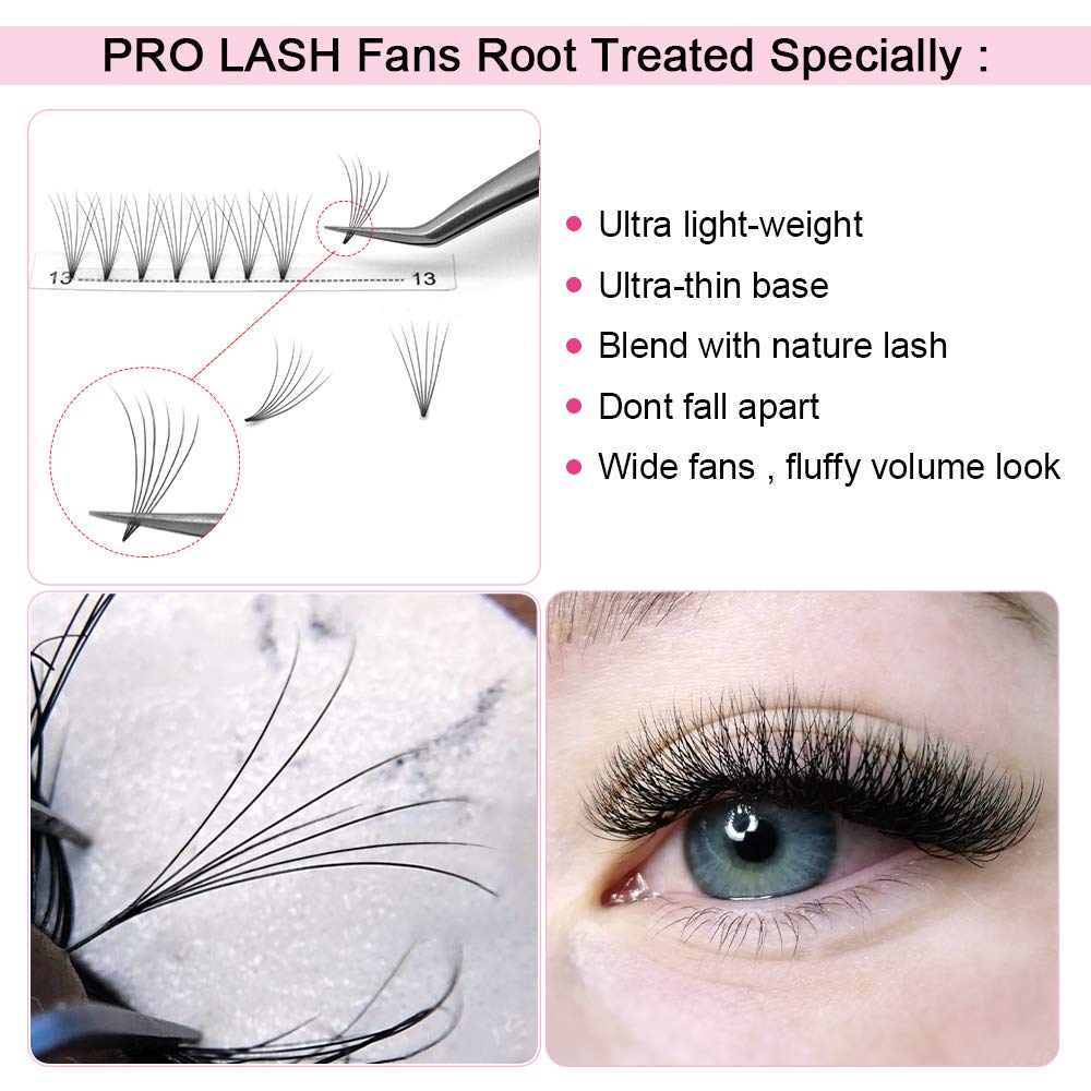 PRO LASHBEAUTY Premade Fans Eyelash Extensions 6D-C-0.10 18mm Short Stem
