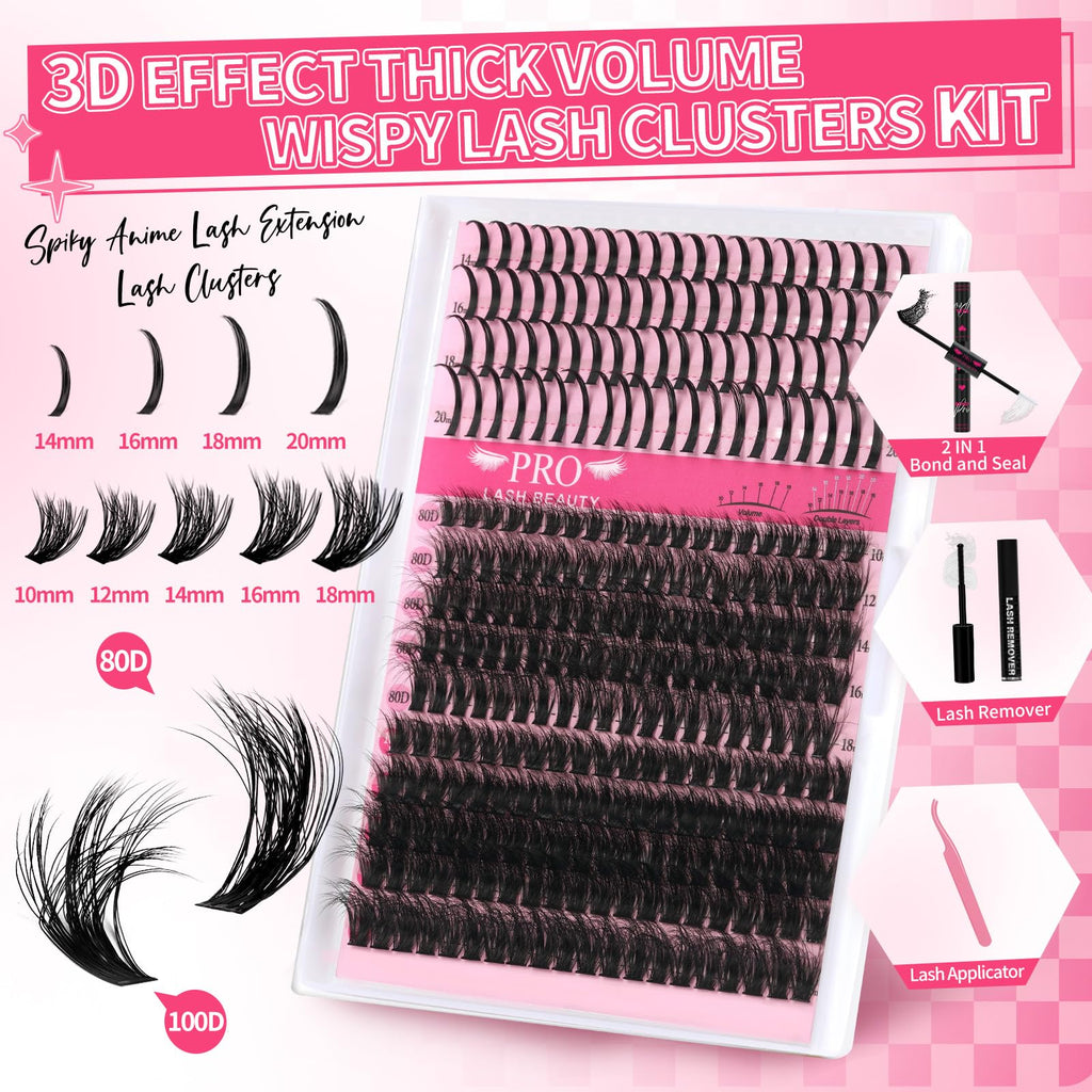 PRO LASHBEAUTY Lash Clusters Kit 80D+100D Spikes 3D Style — DIY Home Lashes with Bond, Seal, Remover & Tweezers