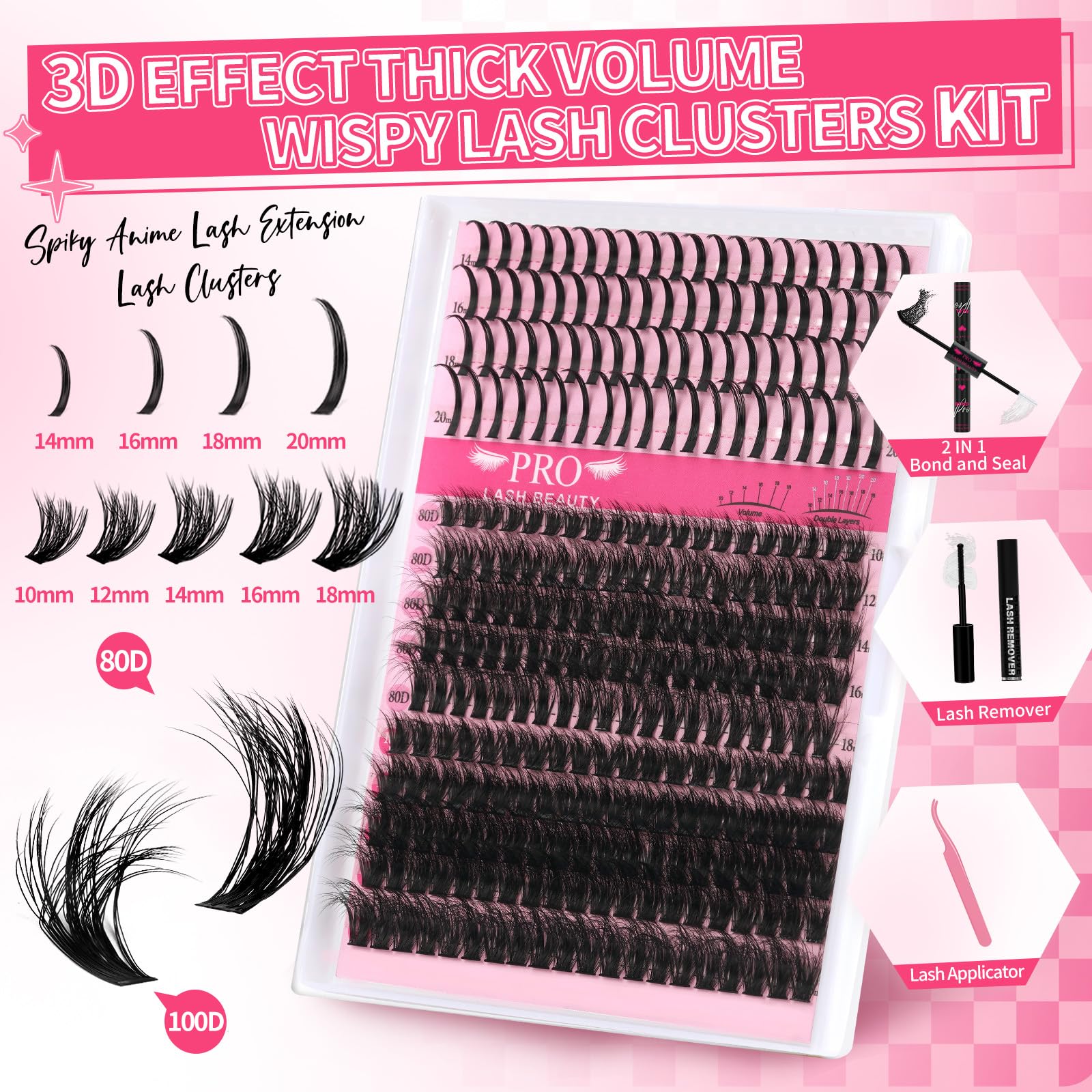 PRO LASHBEAUTY Lash Clusters Kit 80D+100D Spikes 3D Style — DIY Home Lashes with Bond, Seal, Remover & Tweezers