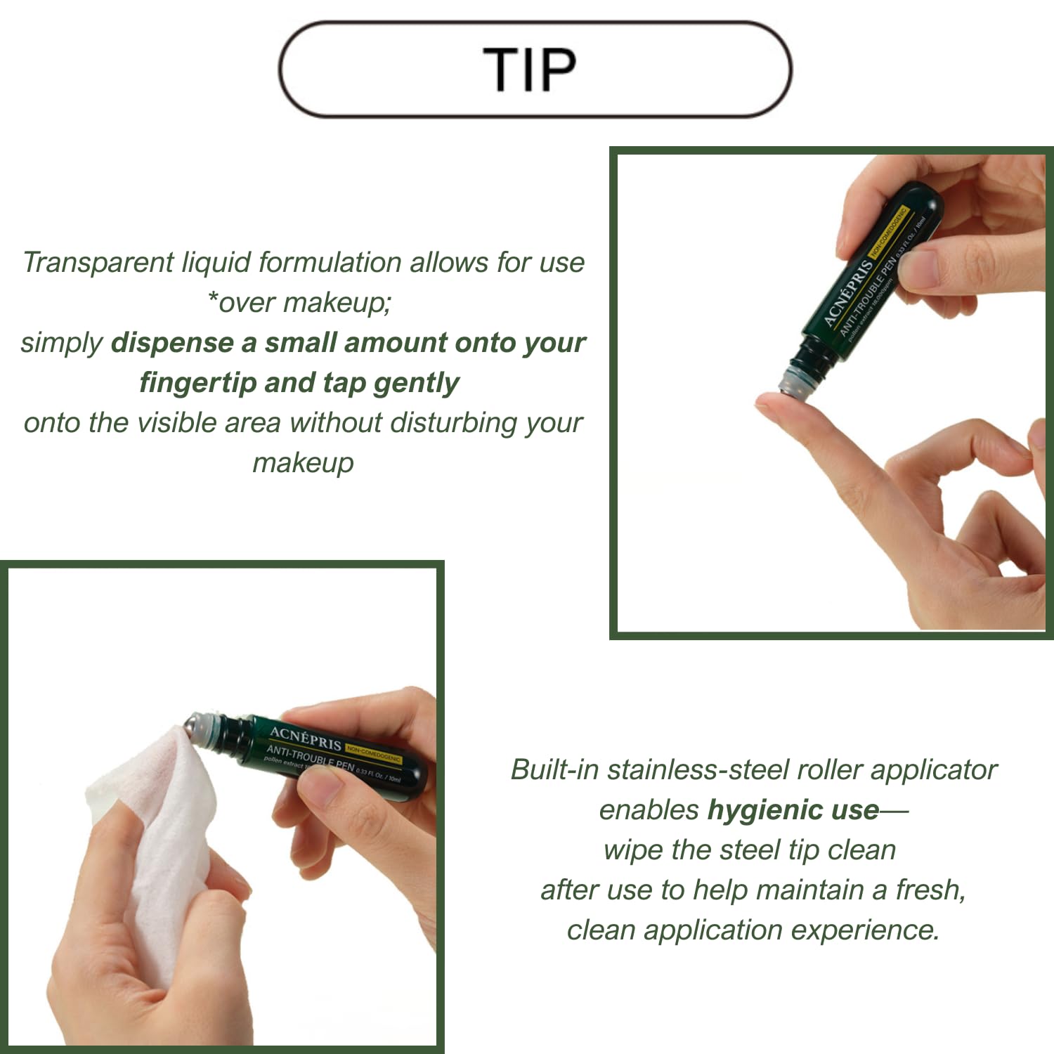 Produco BIOLEE ACNEPRIS Acne Pimple Spot Serum Pen | Pine Pollen Roll-On 10 mL (0.34 fl oz) Non-Comedogenic Stainless-Steel Roller