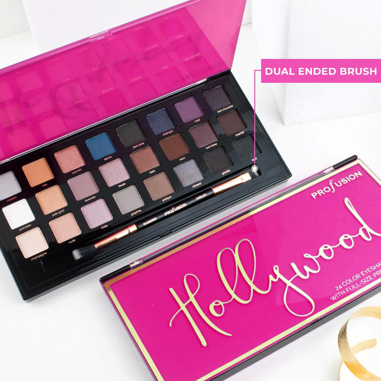 Profusion Cosmetics Hollywood 24 Shade Eyeshadow Palette – Highly Pigmented Matte & Shimmer Shades with Dual-Ended Brush, Vegan & Cruelty-Free