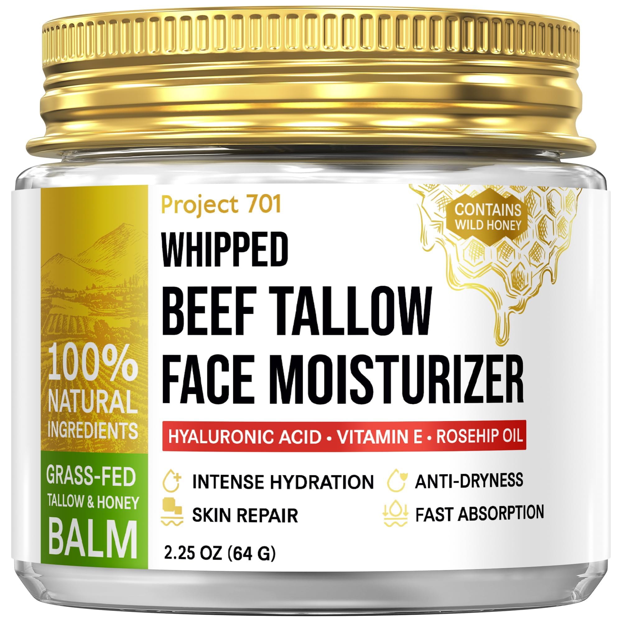 PROJECT 701 Beef Tallow Face Moisturizer — Grass-Fed Tallow, Honey & Liposomal Hyaluronic Acid | Glass Jar