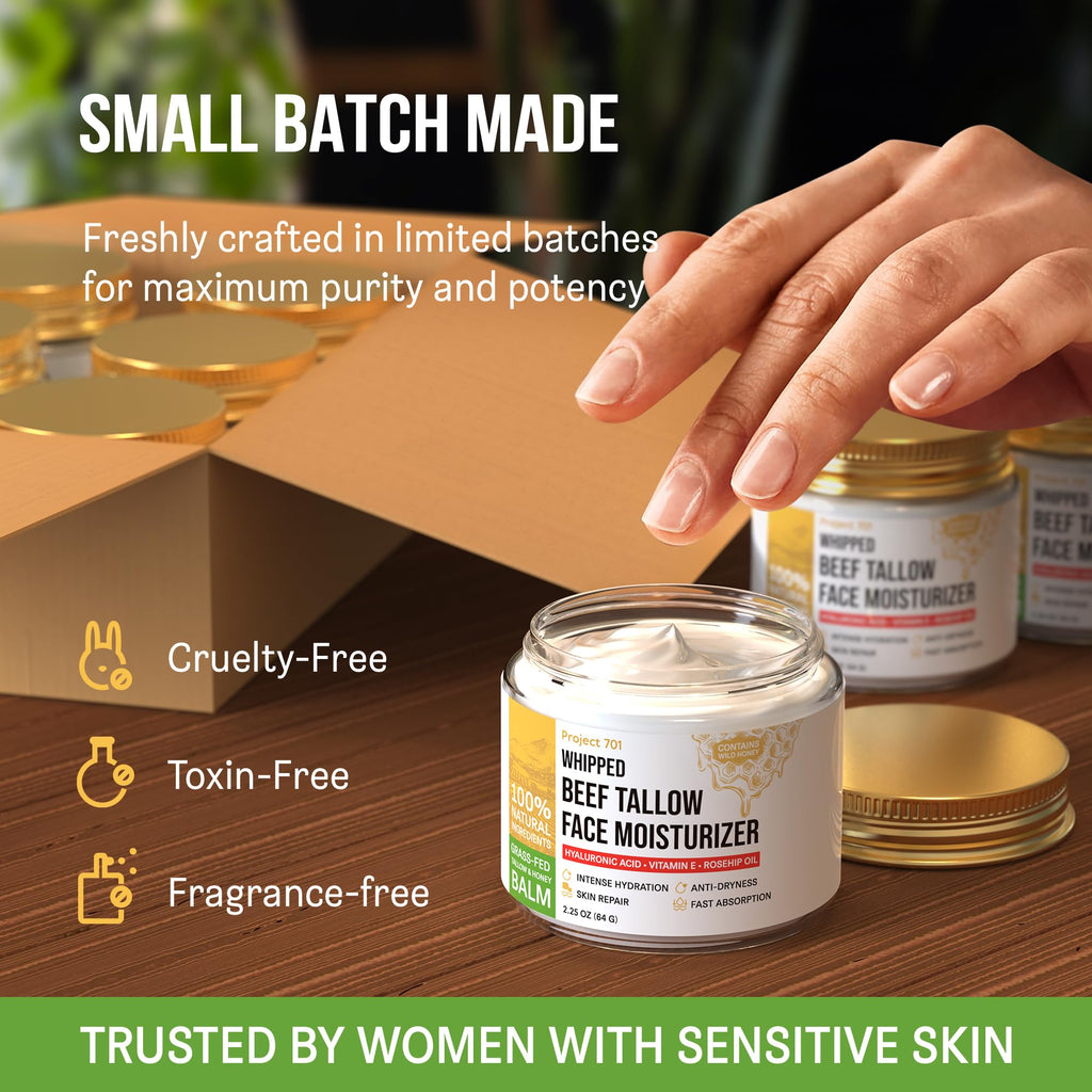 PROJECT 701 Beef Tallow Face Moisturizer — Grass-Fed Tallow, Honey & Liposomal Hyaluronic Acid | Glass Jar