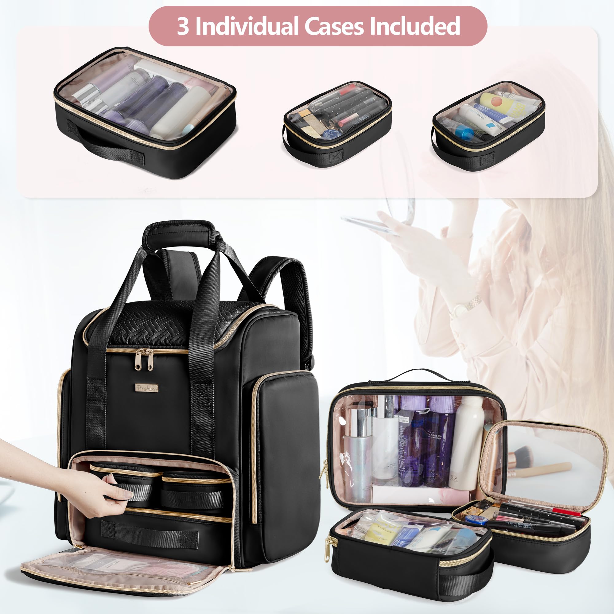 Prokva Large Makeup Backpack with 3 Clear Bags – Professional Travel Case (Patent Design)