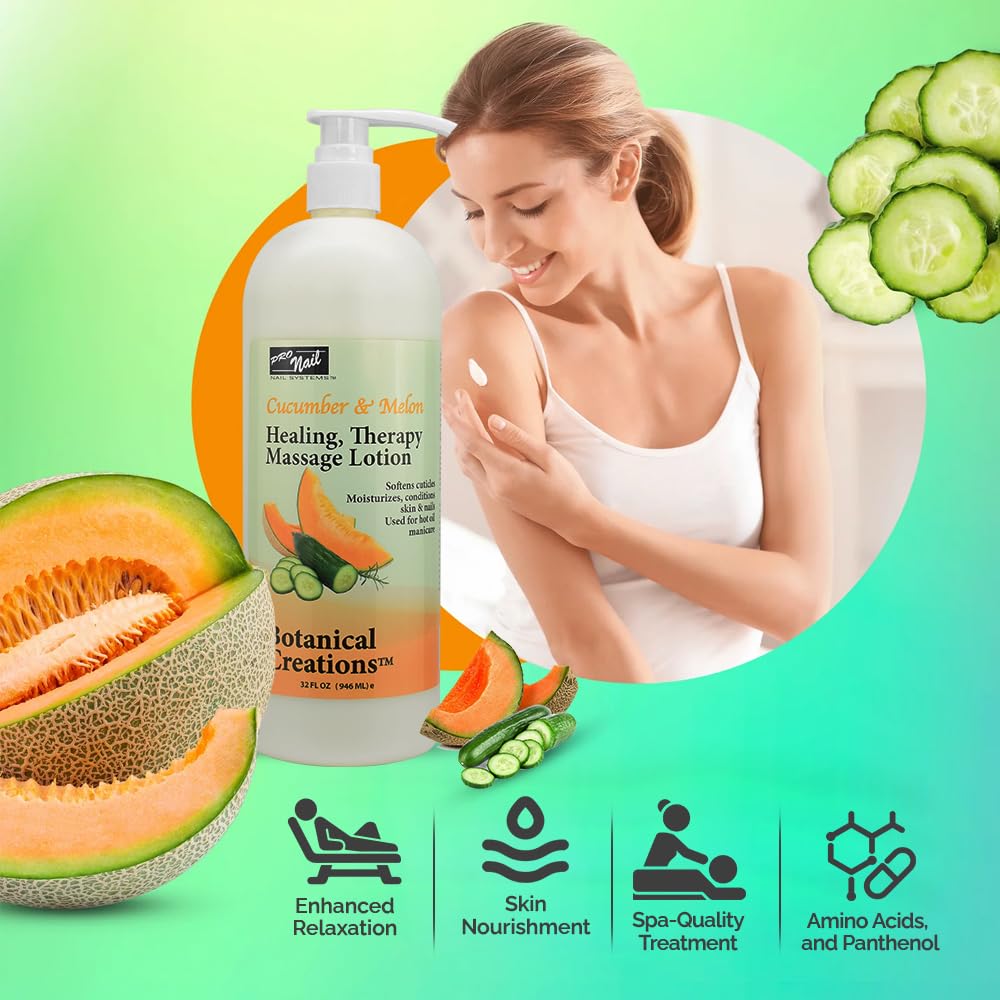 PRO NAIL Healing Therapy Massage Lotion, Cucumber Melon – 32 oz | Spa-Quality Hydration for Hands, Feet & Body