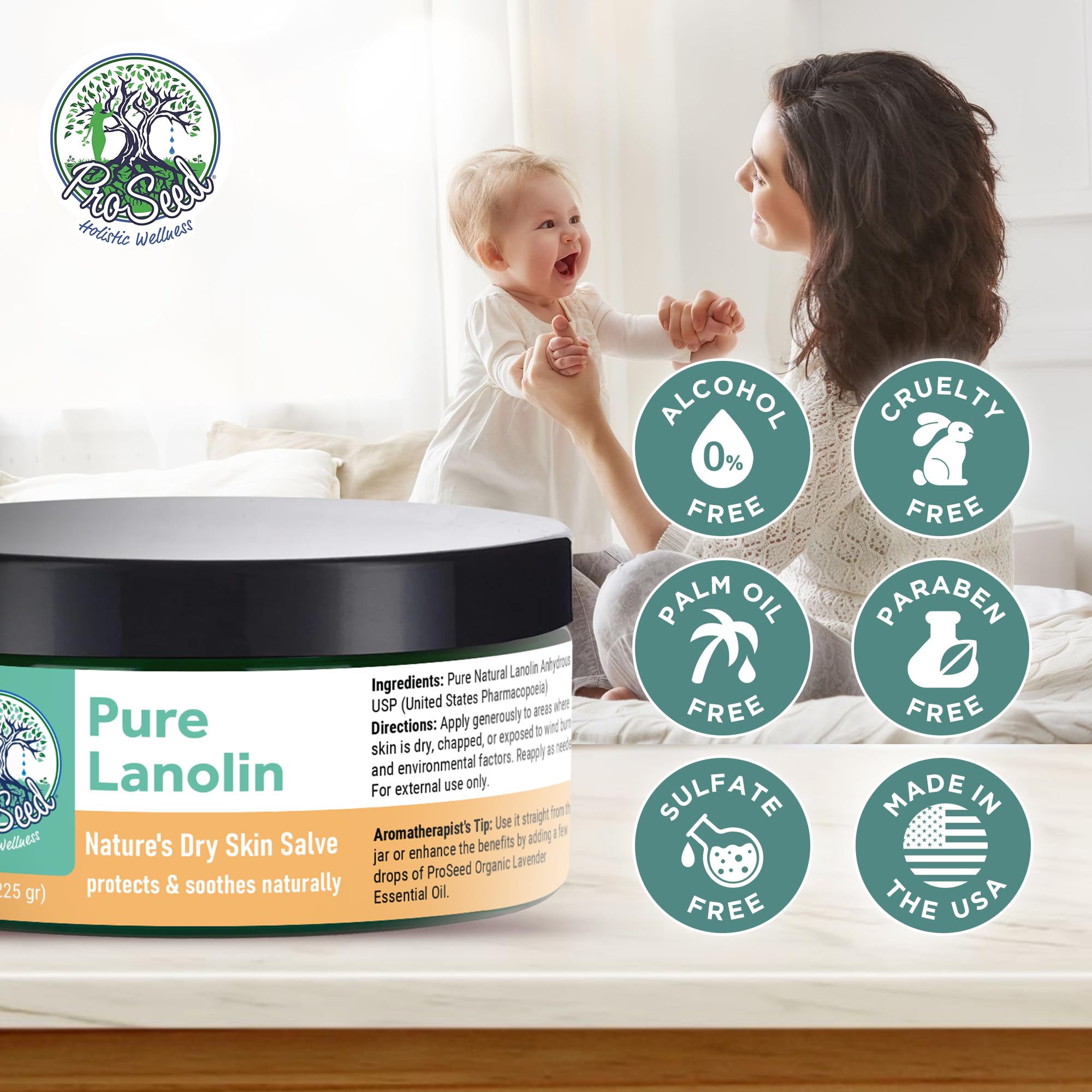 ProSeed Handmade Pure Lanolin Cream – Gentle, Petroleum-Free Moisturizer for Moms, Baby Care & Nursing (8oz)