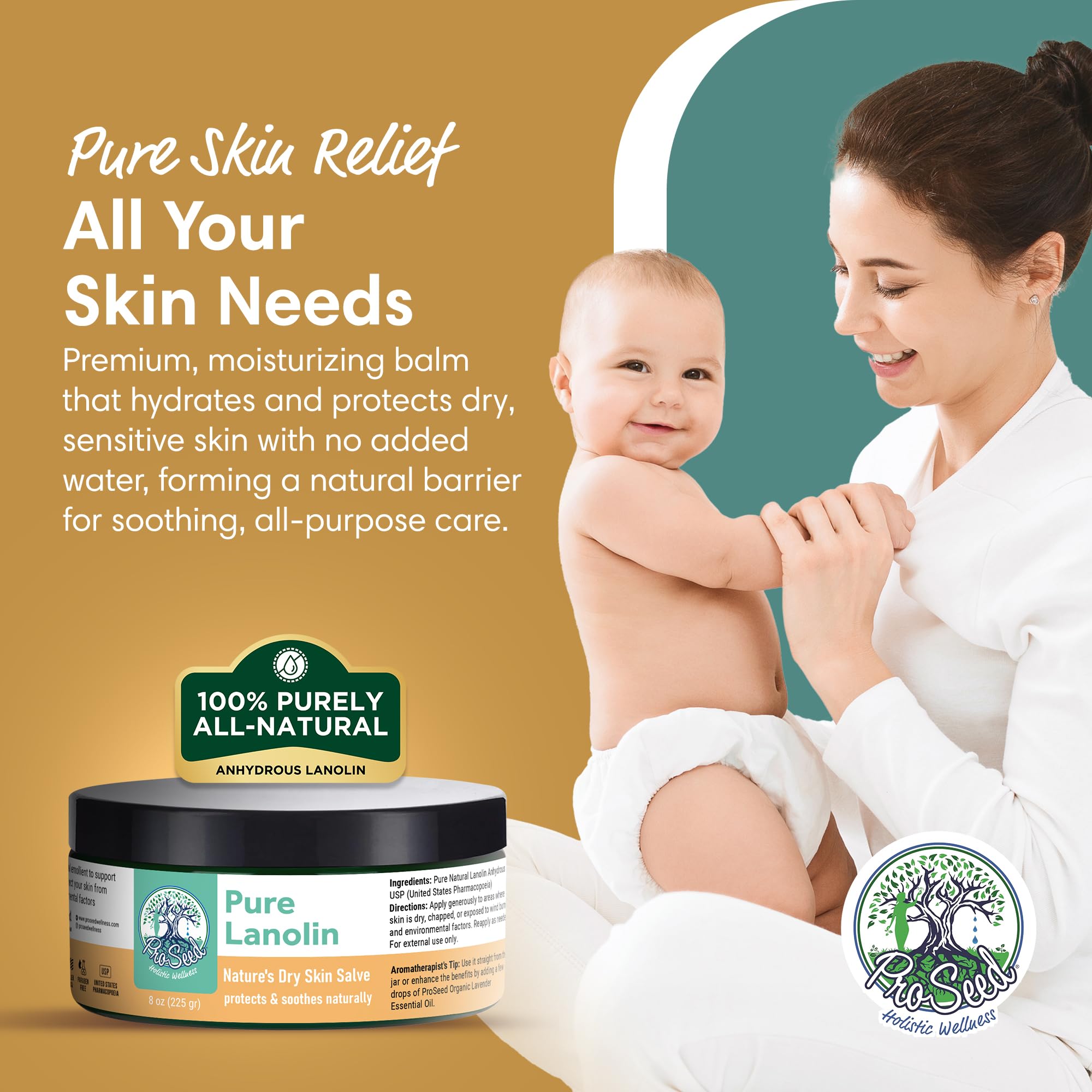 ProSeed Handmade Pure Lanolin Cream – Gentle, Petroleum-Free Moisturizer for Moms, Baby Care & Nursing (8oz)