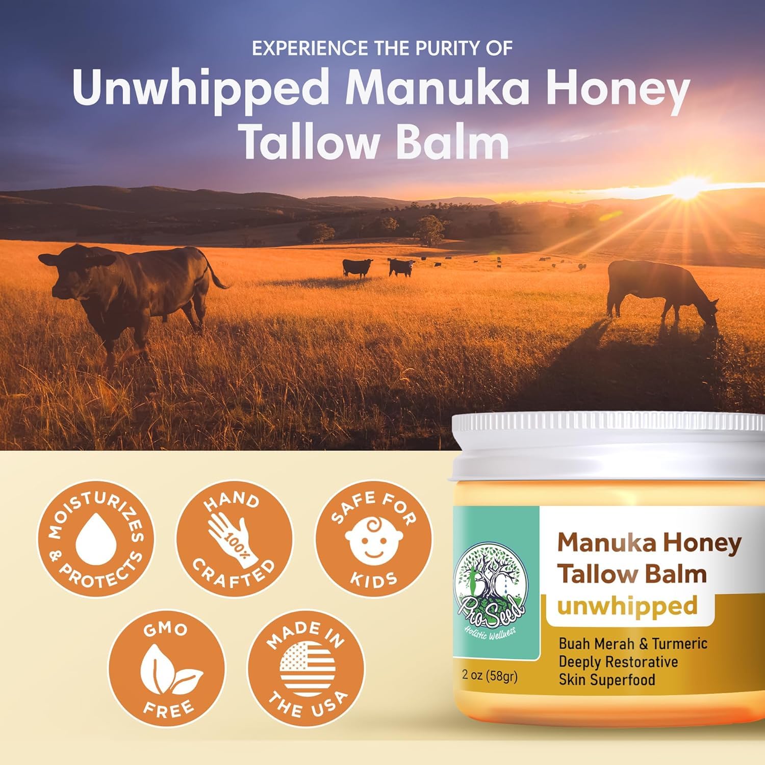 Manuka Honey Unwhipped Tallow Balm by ProSeed Holistic Wellness – Hydrating Balm for Face, Hands & Body