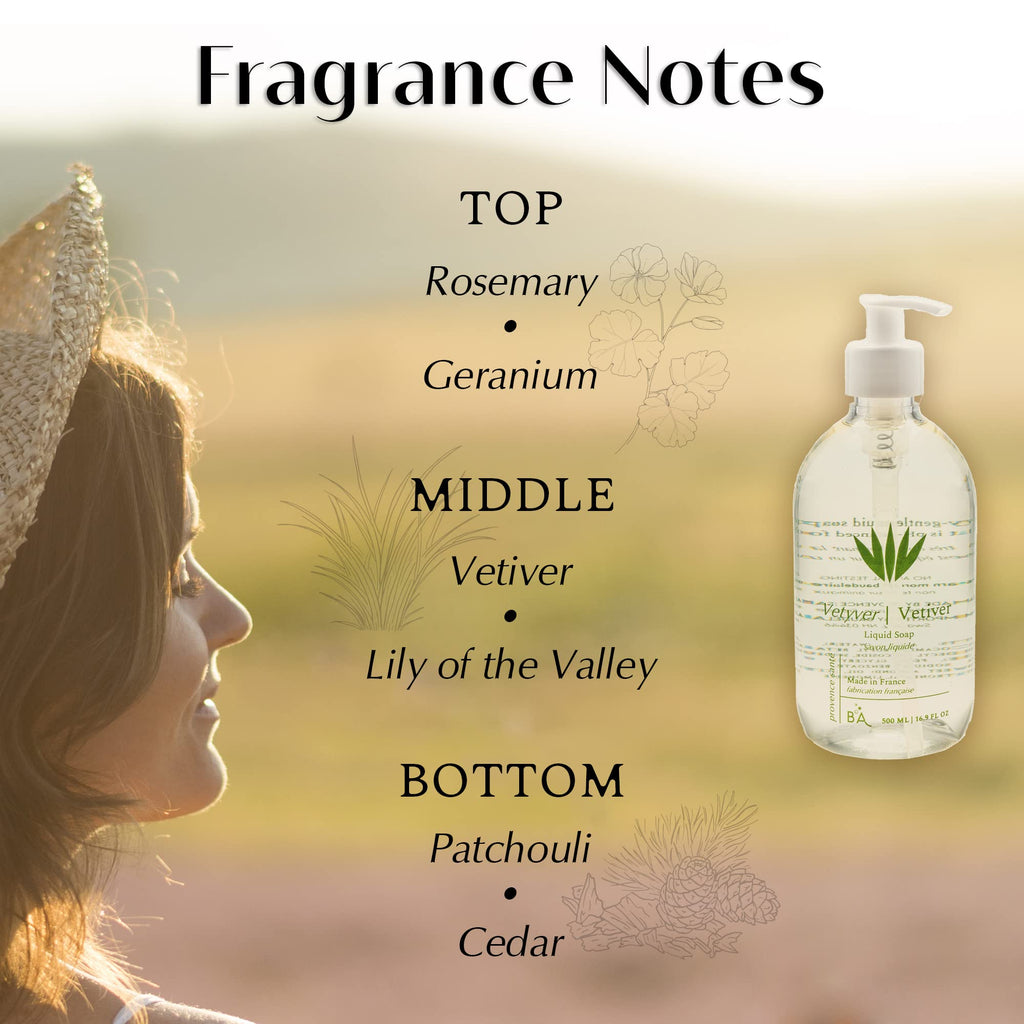 Provence Sante Natural Liquid Soap - Moisturizing Almond Oil Hand Soap with Vetiver Scent - Elegant Pump Dispenser (16.9 oz)