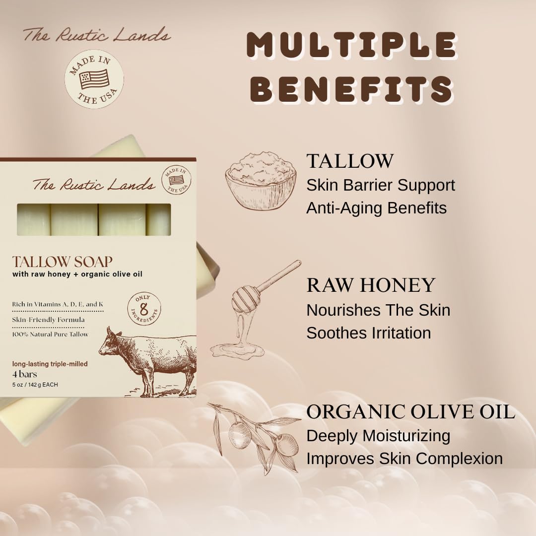 PROVENCE ESSENTIALS The Rustic Lands: 4 Natural Tallow Soap Bars with Grass-Fed Tallow, Honey & Olive Oil | Made in USA