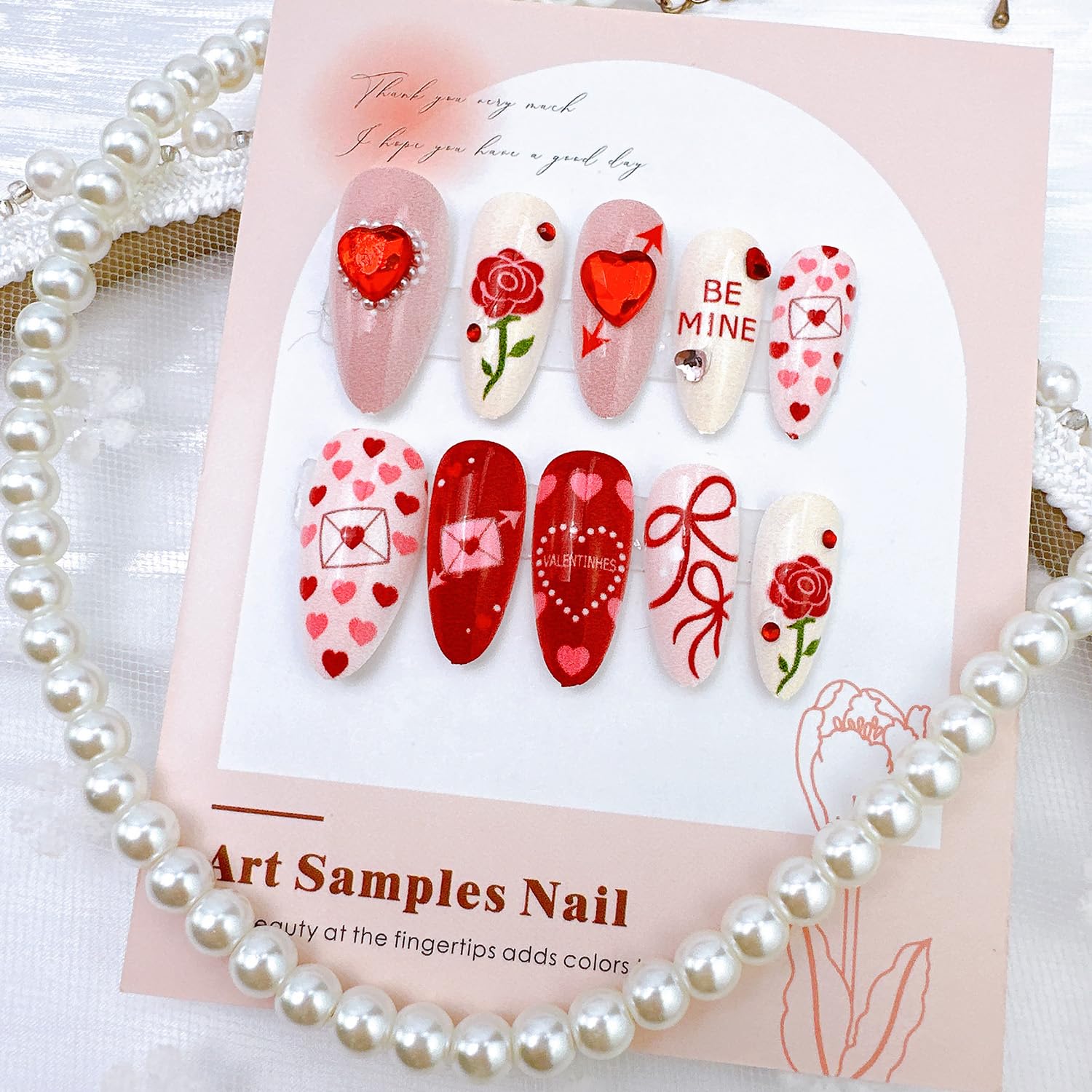 PSBRBAD 24Pcs Valentines Press On Nails – Almond Shape with Bow, Rose Designs & Heart Pearls