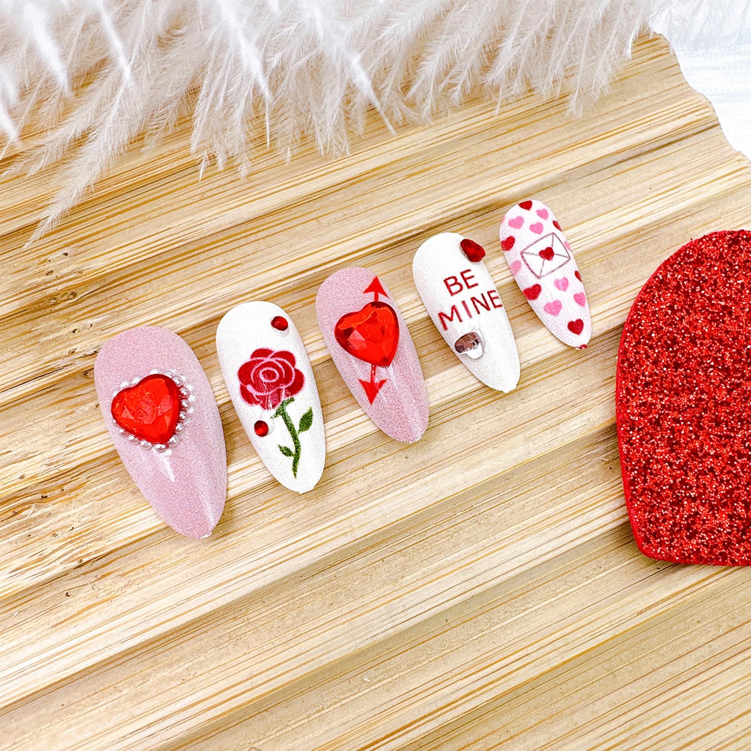 PSBRBAD 24Pcs Valentines Press On Nails – Almond Shape with Bow, Rose Designs & Heart Pearls