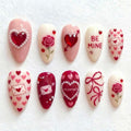 PSBRBAD 24Pcs Valentines Press On Nails – Almond Shape with Bow, Rose Designs & Heart Pearls