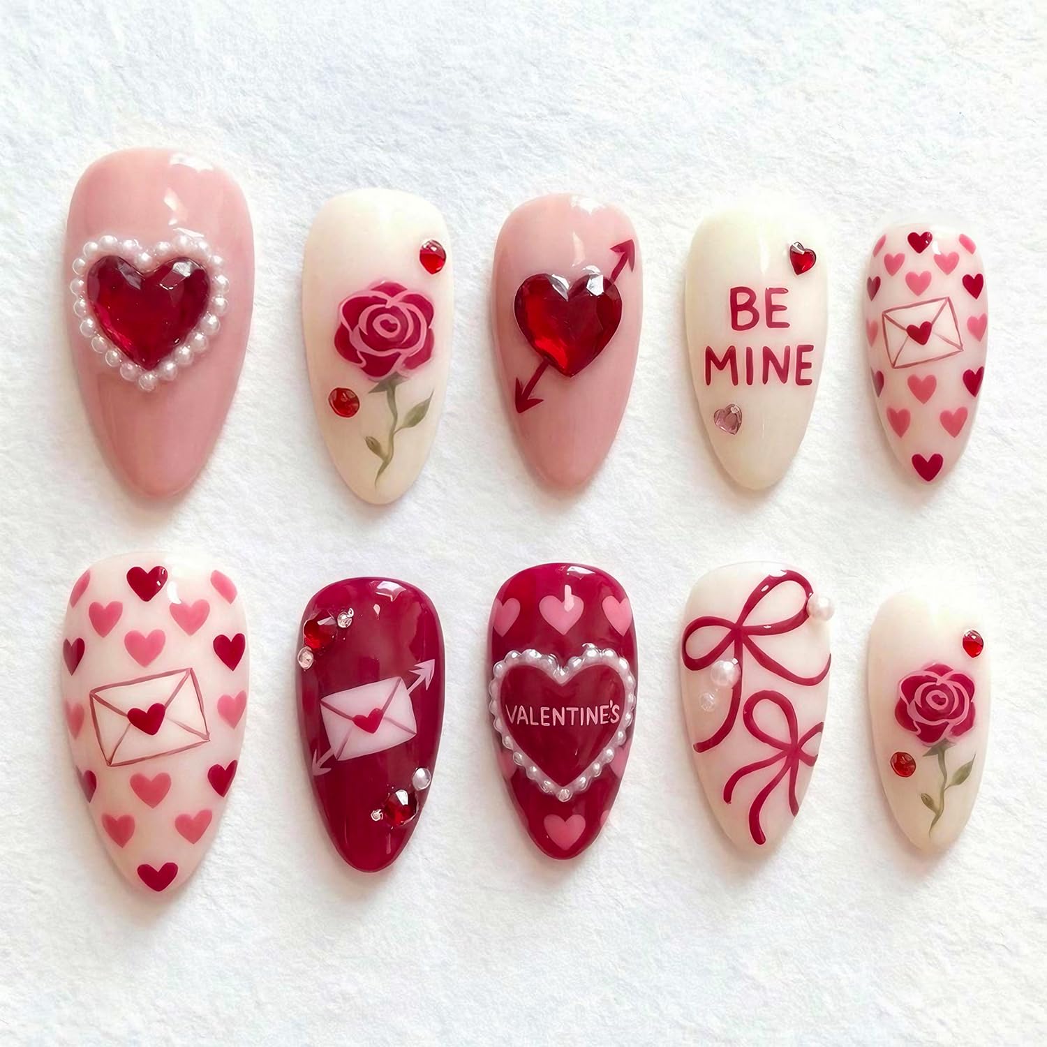 PSBRBAD 24Pcs Valentines Press On Nails – Almond Shape with Bow, Rose Designs & Heart Pearls
