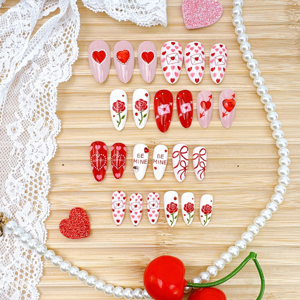 PSBRBAD 24Pcs Valentines Press On Nails – Almond Shape with Bow, Rose Designs & Heart Pearls