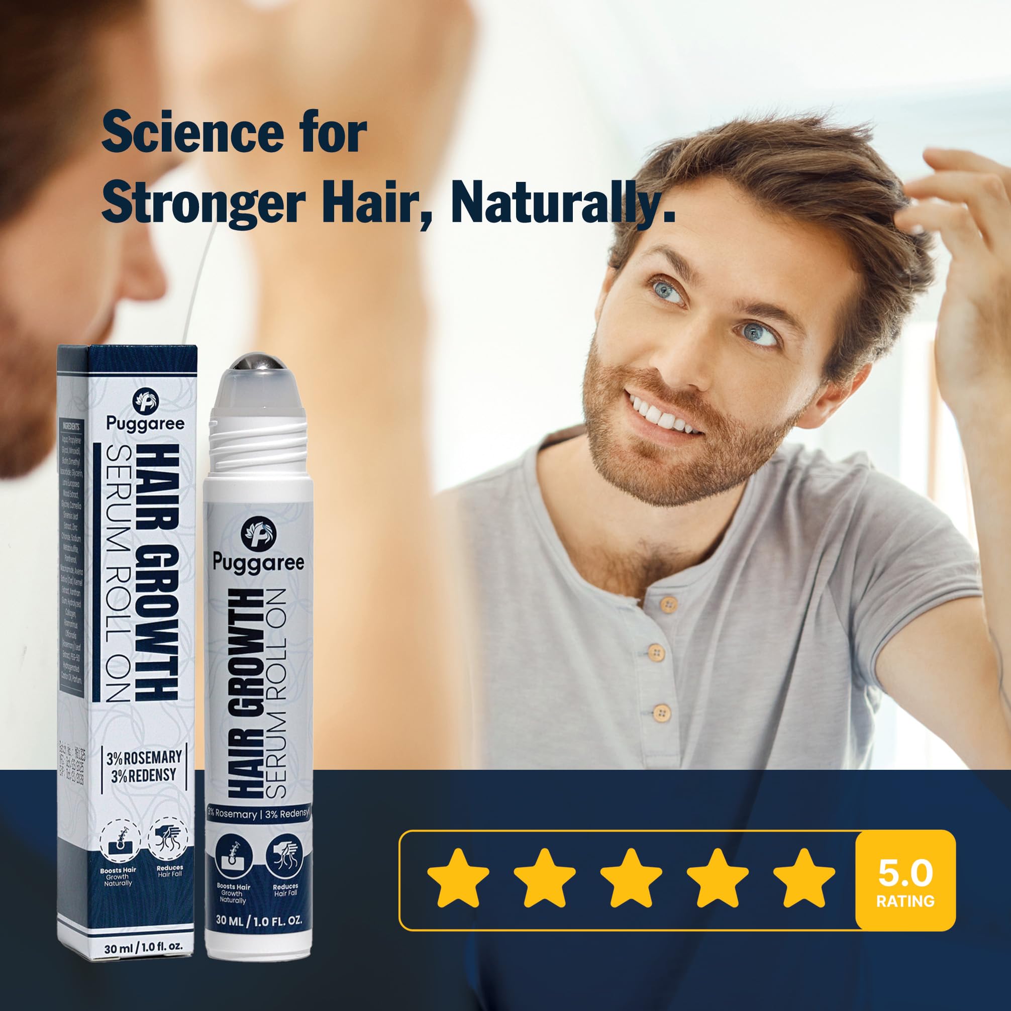 Puggaree Rosemary Hair Growth Serum Roll-On 3-Pack – 3% Rosemary, 3% Redensyl, 2% Anagain
