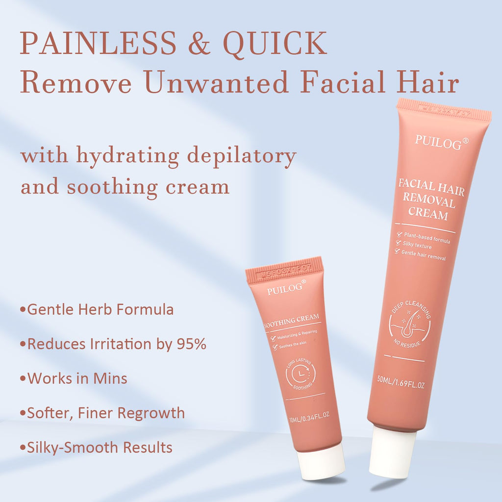 PUILOG Facial Hair Removal Cream Kit for Women – Painless 4-Minute Upper Lip & Chin Hair Removal