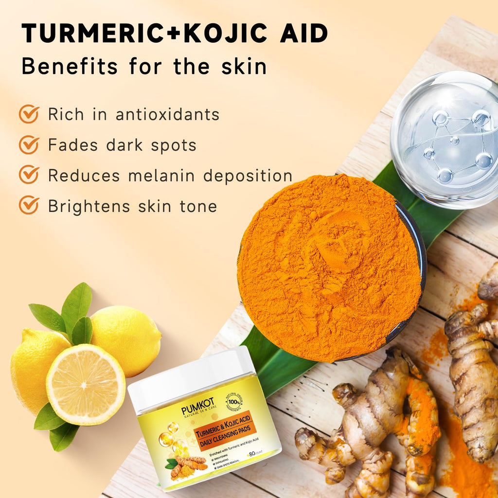 Pumkot Turmeric Kojic Acid Cleansing Pads – 80pcs Gentle Exfoliating Facial Pads