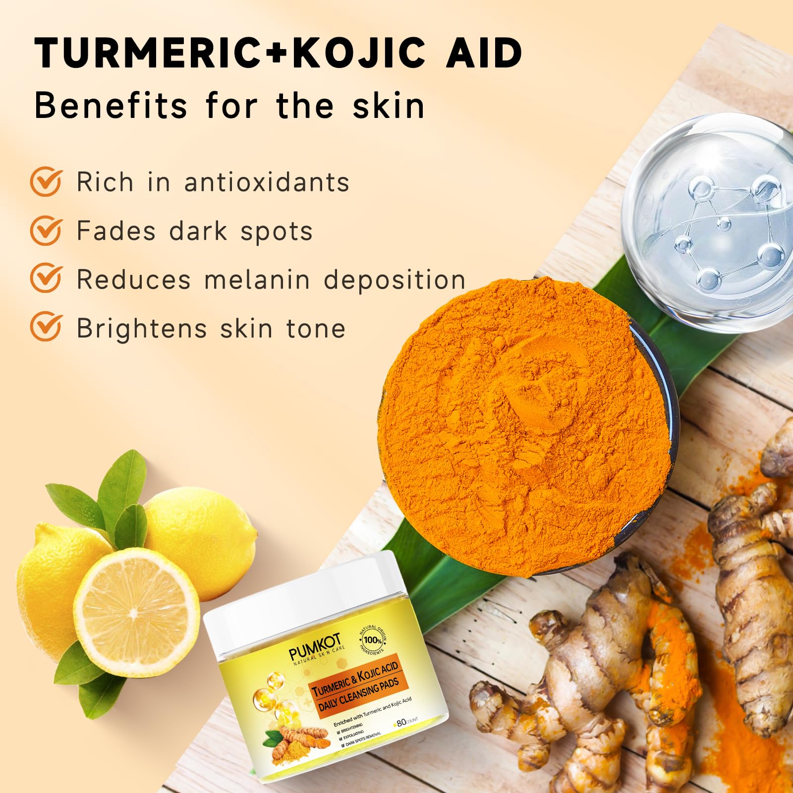 Pumkot Turmeric Kojic Acid Cleansing Pads – 80pcs Gentle Exfoliating Facial Pads