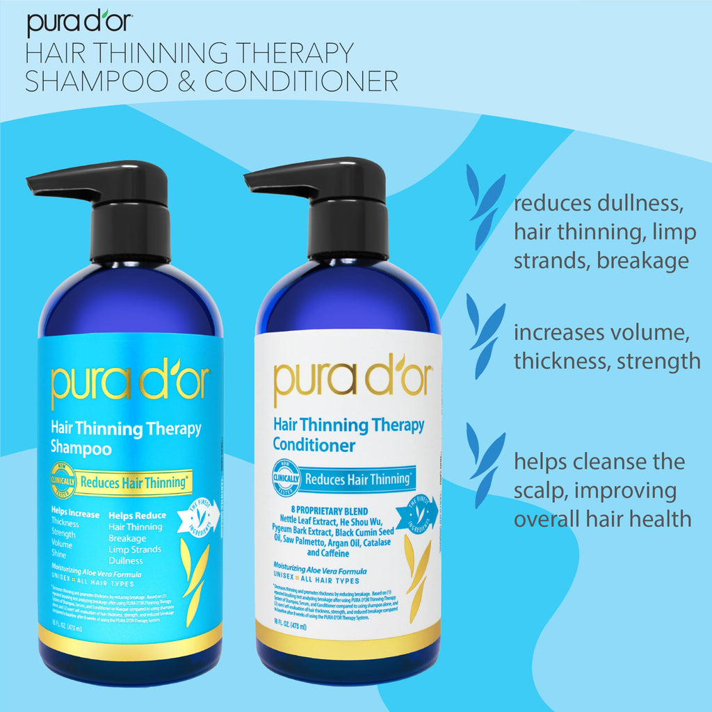 PURA D'OR Hair Thinning Therapy Shampoo & Conditioner Set – Biotin, Color Safe, 16 oz x 2