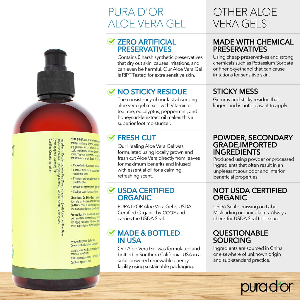 PURA D'OR 16 Oz Organic Aloe Vera Gel with Lemongrass – Deep Hydration, Zero Artificial Preservatives
