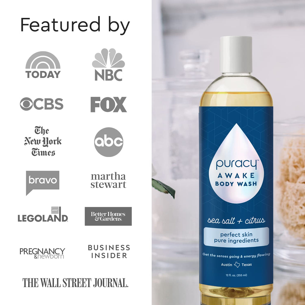 Puracy Body Wash - Natural Plant-Based Hydrating Shower Gel for Sensitive Skin, Citrus Sea Salt 12 oz