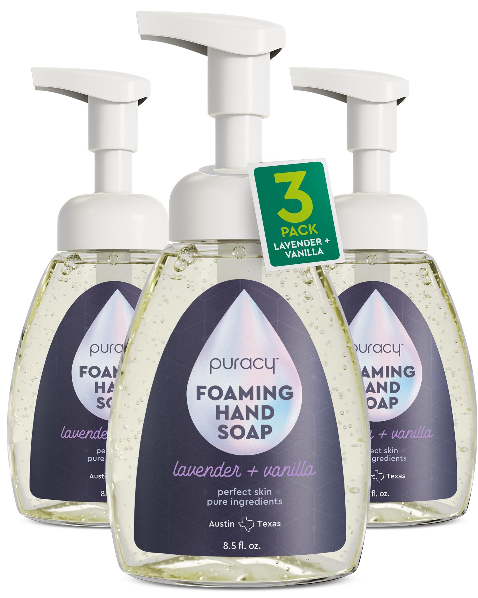 Puracy Foaming Hand Soap - Lavender & Vanilla | Plant-Powered Non-Toxic 3-Pack (12 fl oz each)