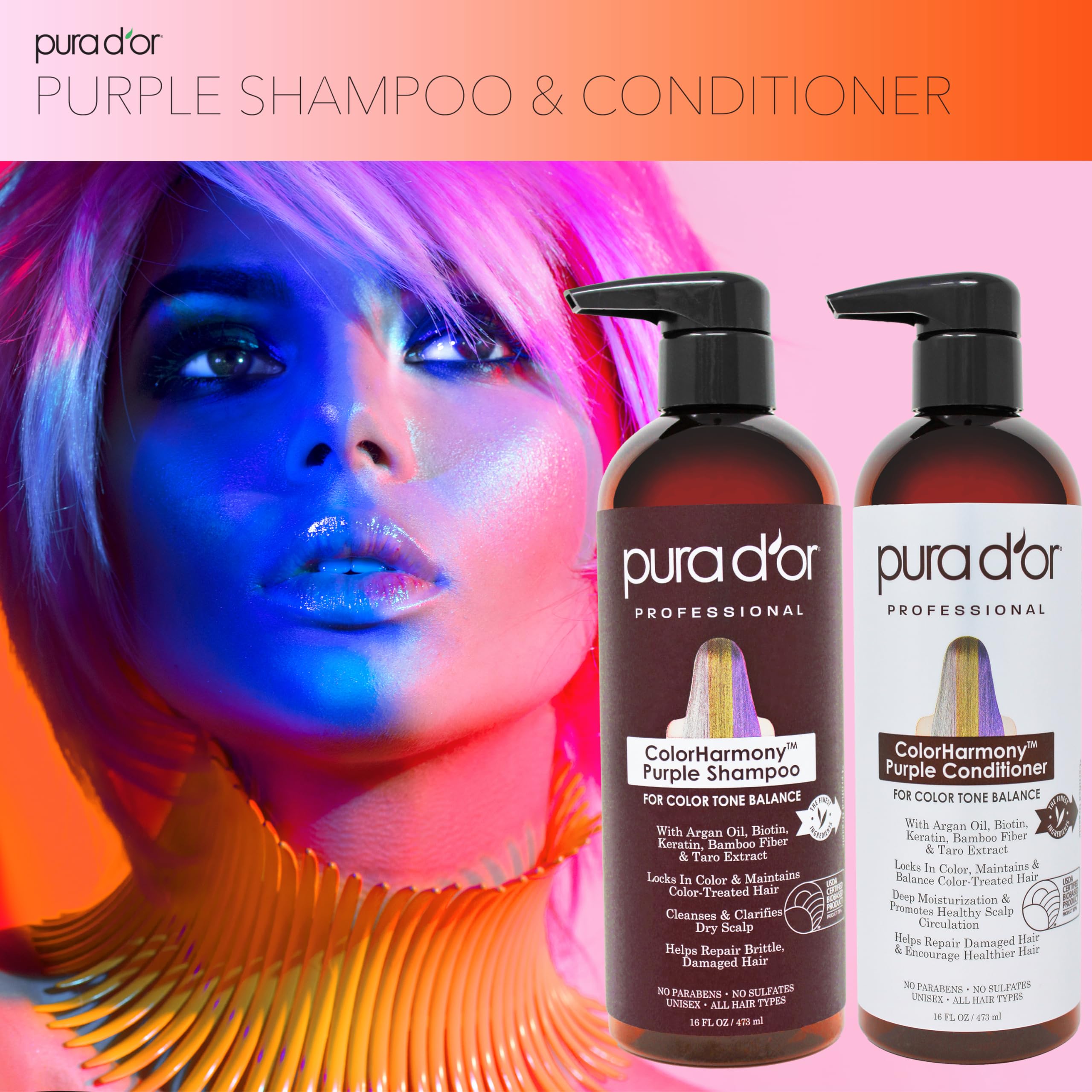 PURA D'OR Color Harmony Purple Shampoo & Conditioner Set (16oz x 2) for Bleached, Blonde & Color-Treated Hair