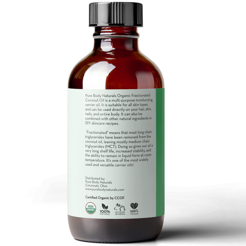 Pure Body Naturals Organic Fractionated Coconut Oil – 4 fl oz Carrier Oil for Skin & Hair