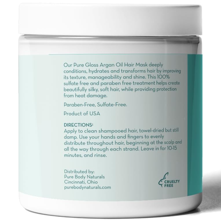 Pure Body Naturals Hair Mask | Argan Oil Deep Conditioning for Damaged & Curly Hair, 8 oz