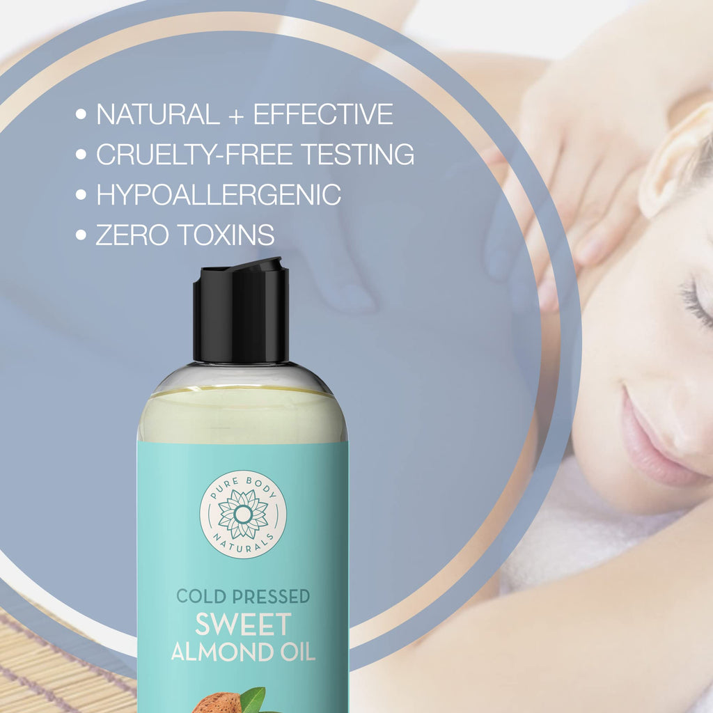 Pure Body Naturals Sweet Almond Oil – 100% Pure, Cold-Pressed Carrier Oil for Hair, Skin & Nails, 16 Fl Oz
