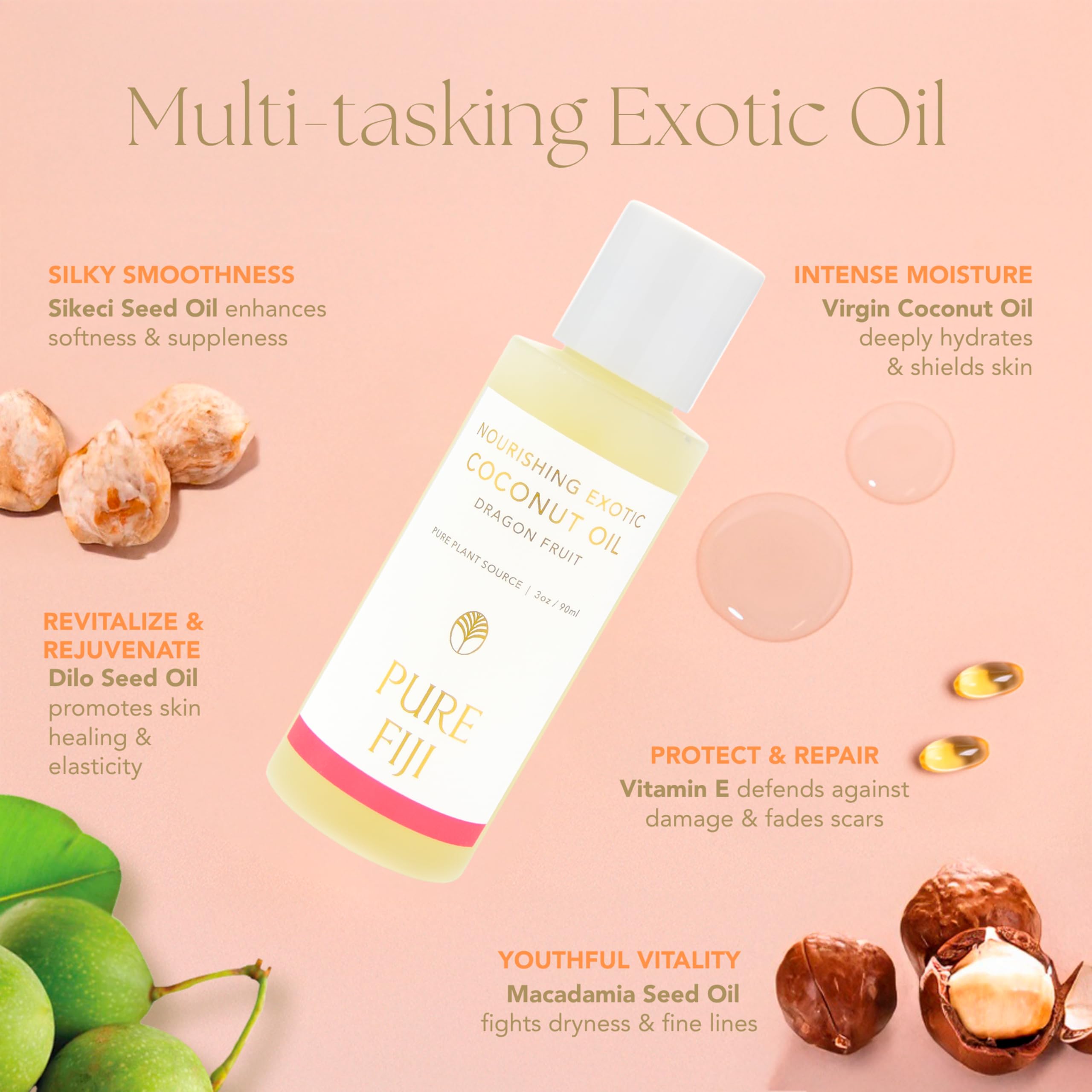 PURE FIJI Travel Size Nourishing Exotic Coconut Oil with Dragon Fruit – 3 oz / 90 ml