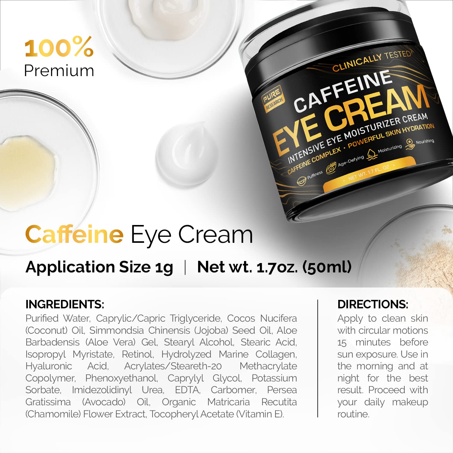 PURE RESEARCH Caffeine Eye Cream – Anti-Aging, Dark Circles & Puffiness (1.7 oz)