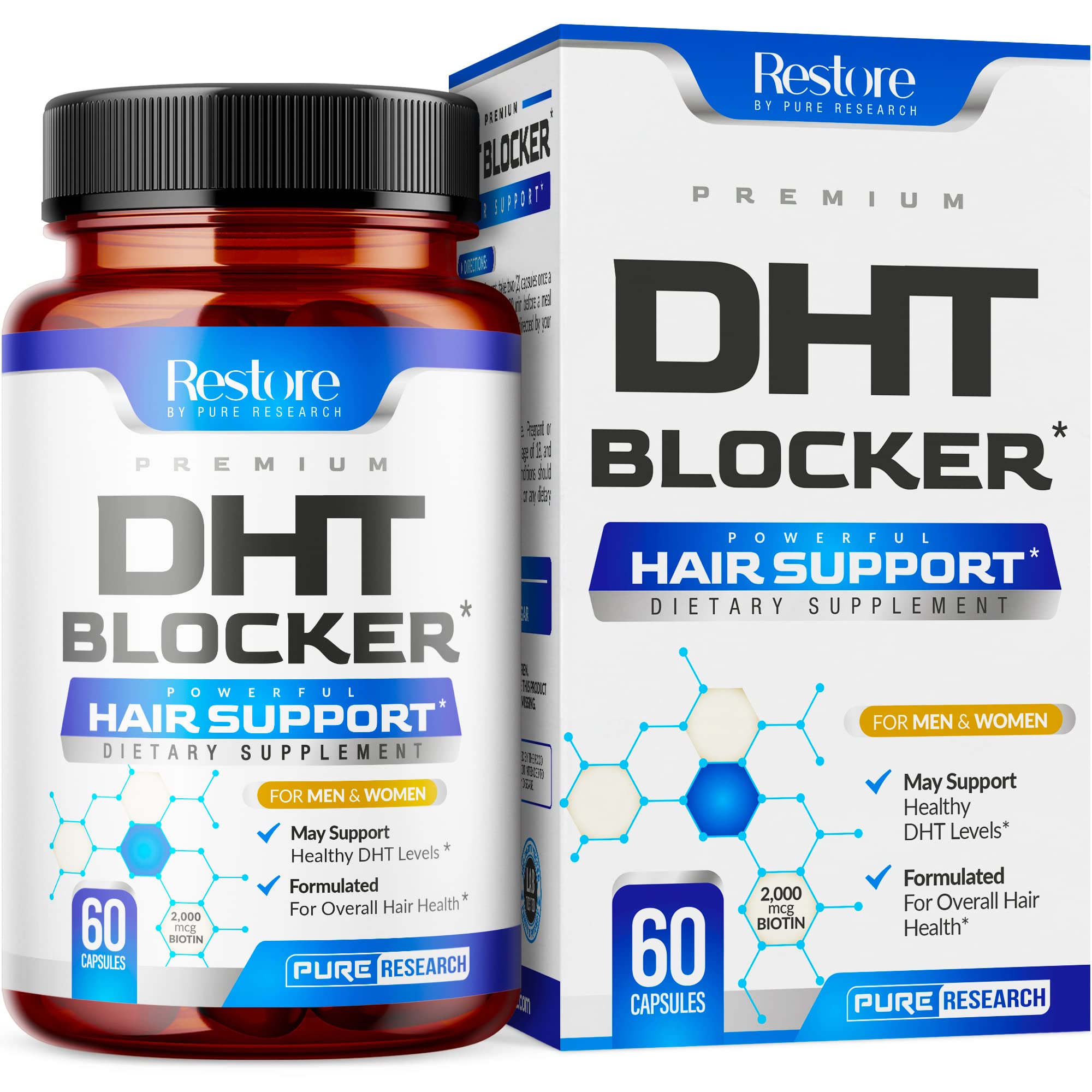 PURE RESEARCH DHT Blocker Hair Growth Support Supplement – Saw Palmetto + Hair Vitamins (60 Capsules)