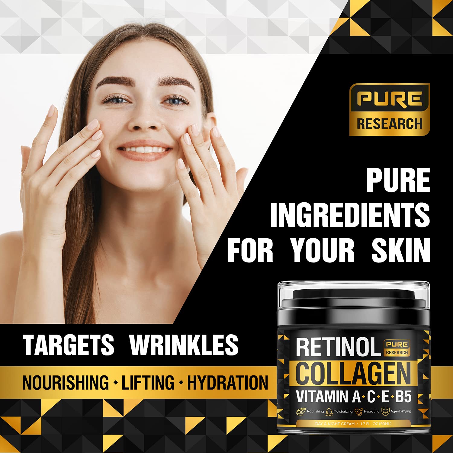 PURE RESEARCH Retinol Face Cream – Natural Anti-Wrinkle Moisturizer with Collagen & Hyaluronic Acid | 1.7oz