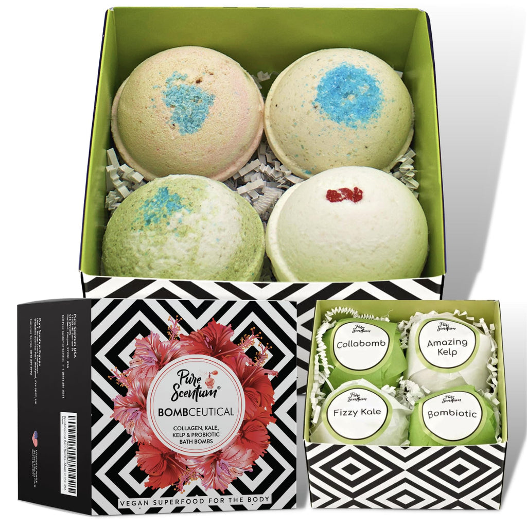 Pure Scentum Bombceutical Bath Bomb Set – Nourishing Kale, Seaweed, Collagen & Probiotic for Women