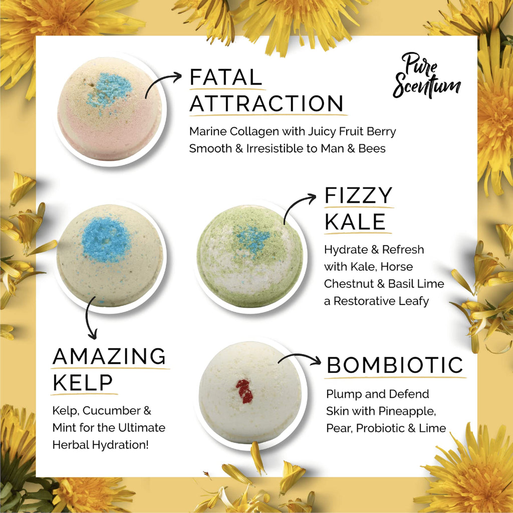 Pure Scentum Bombceutical Bath Bomb Set – Nourishing Kale, Seaweed, Collagen & Probiotic for Women