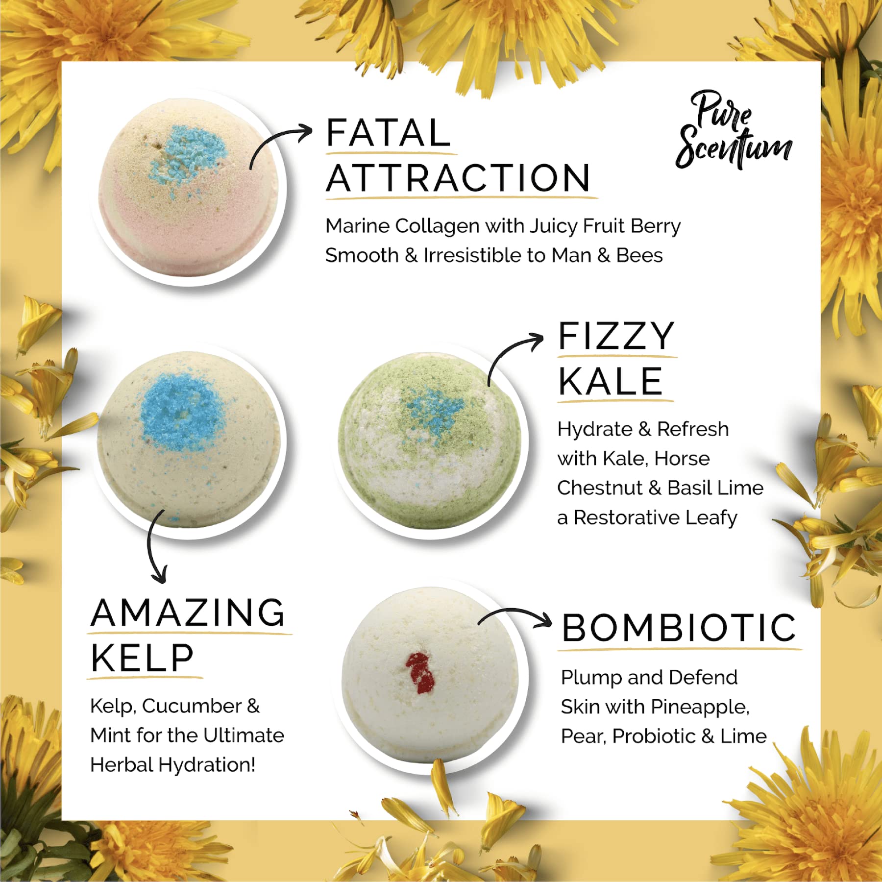 Pure Scentum Bombceutical Bath Bomb Set – Nourishing Kale, Seaweed, Collagen & Probiotic for Women