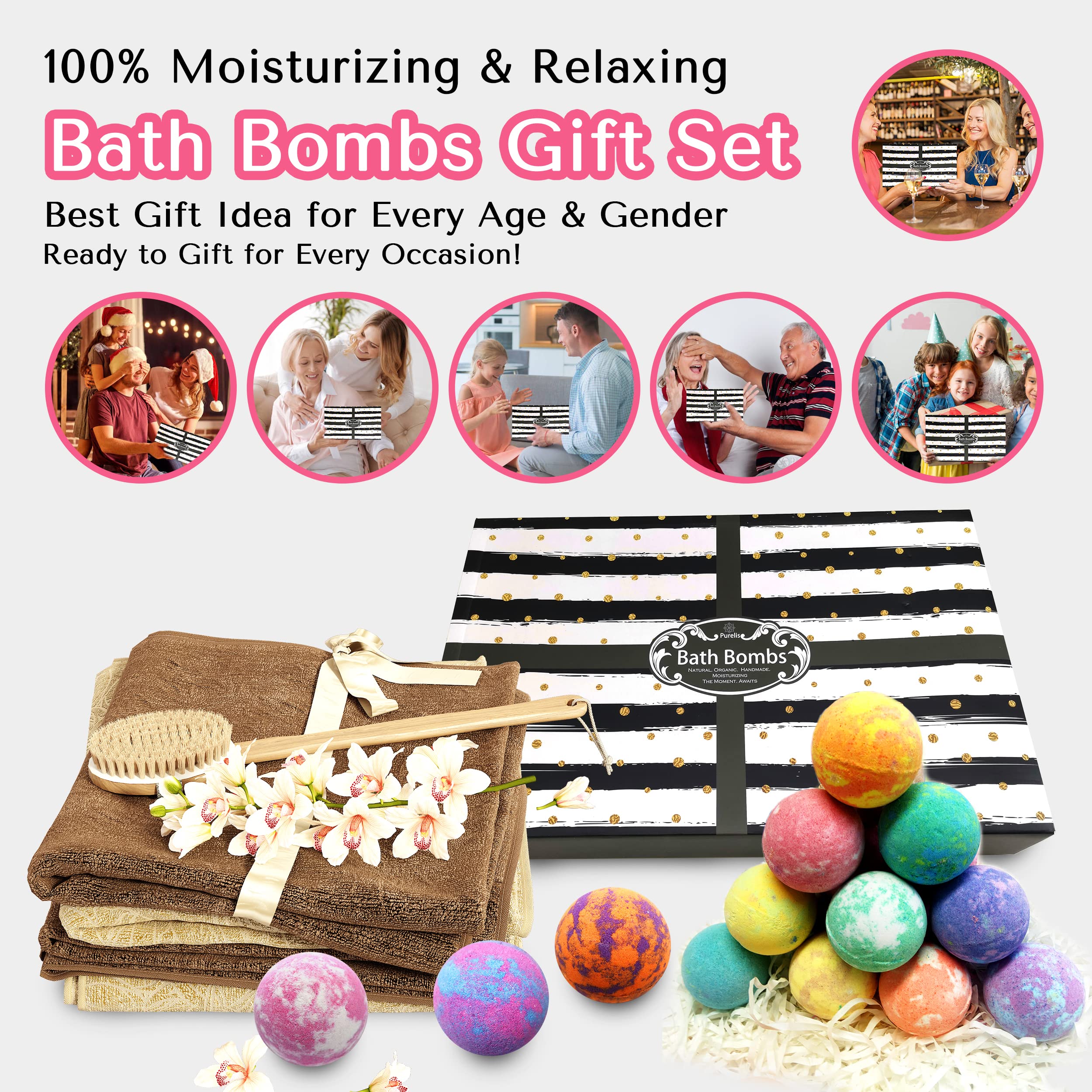 Purelis Bath Bombs Gift Set – 24 Luxury Organic Bath Bombs, Individually Wrapped | Gifts for Him and Her