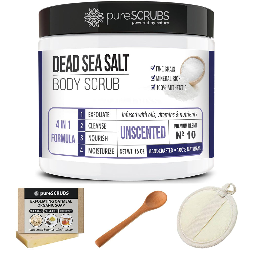 PureSCRUBS Premium Unscented Body Scrub Set – 16oz Dead Sea Salt with Accessories