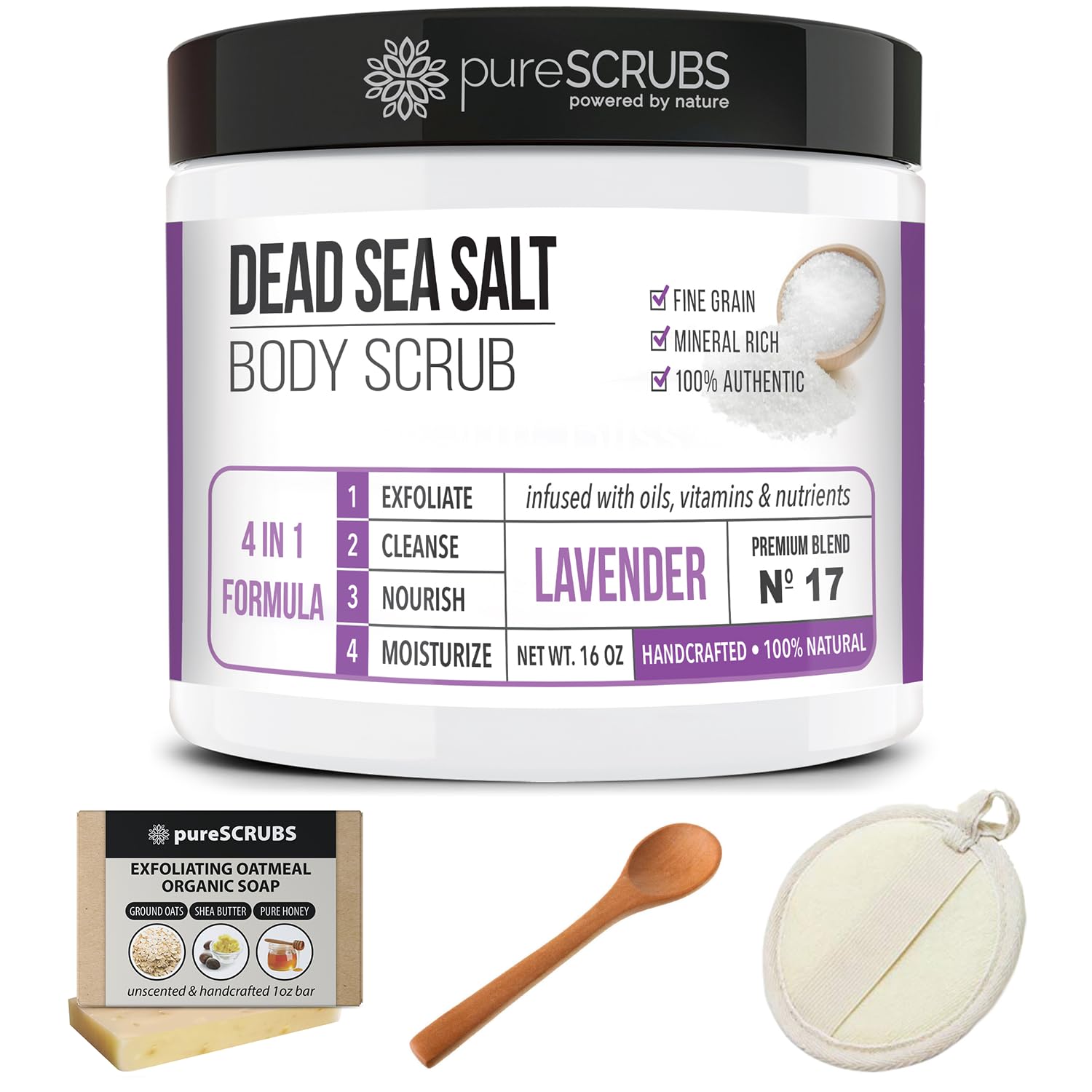 PureSCRUBS Premium Lavender Body Scrub Set – 16oz Dead Sea Salt Exfoliant with Essential Oils + Bonus Accessories