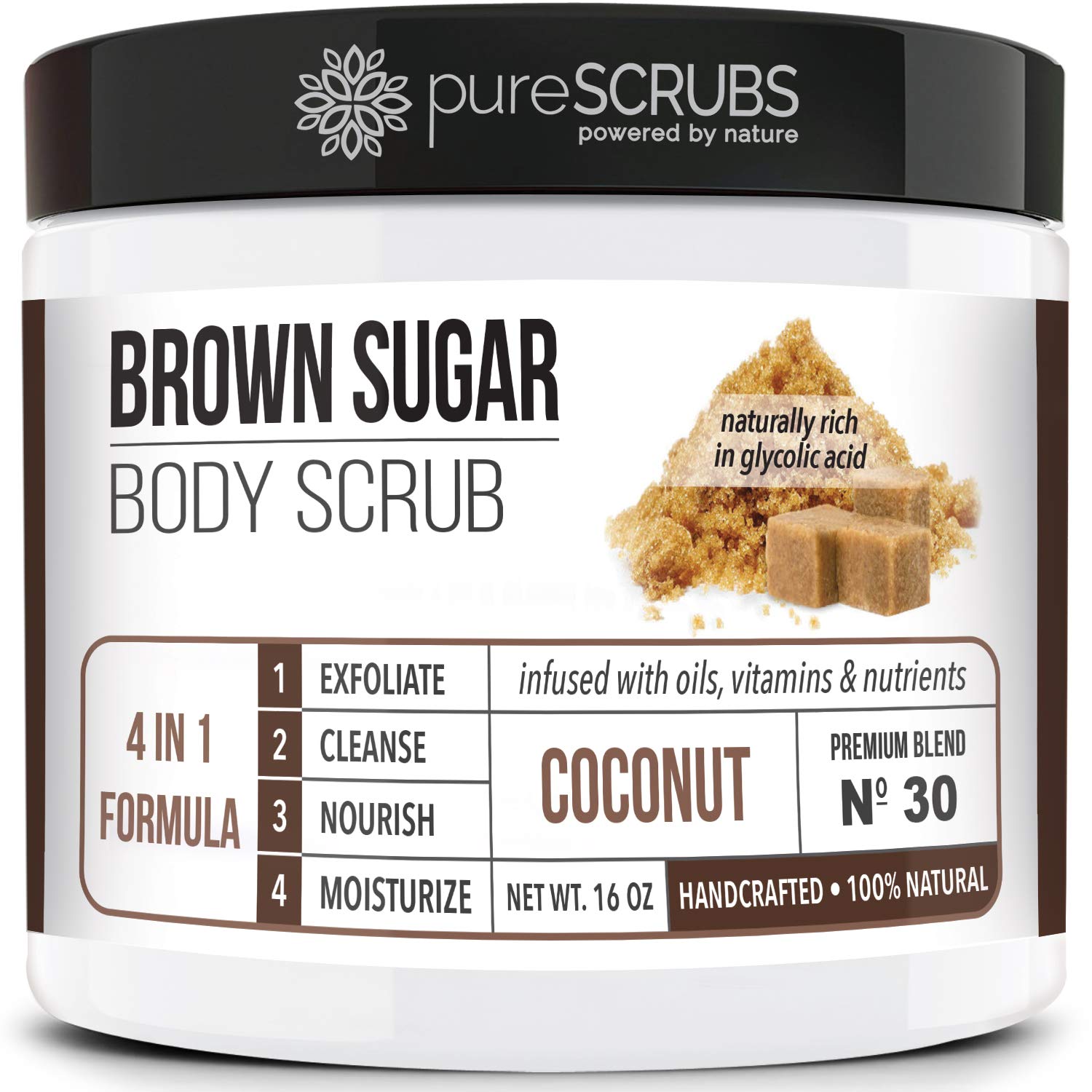 pureSCRUBS Premium Coconut Brown Sugar Scrub – 16oz Jar + Accessories