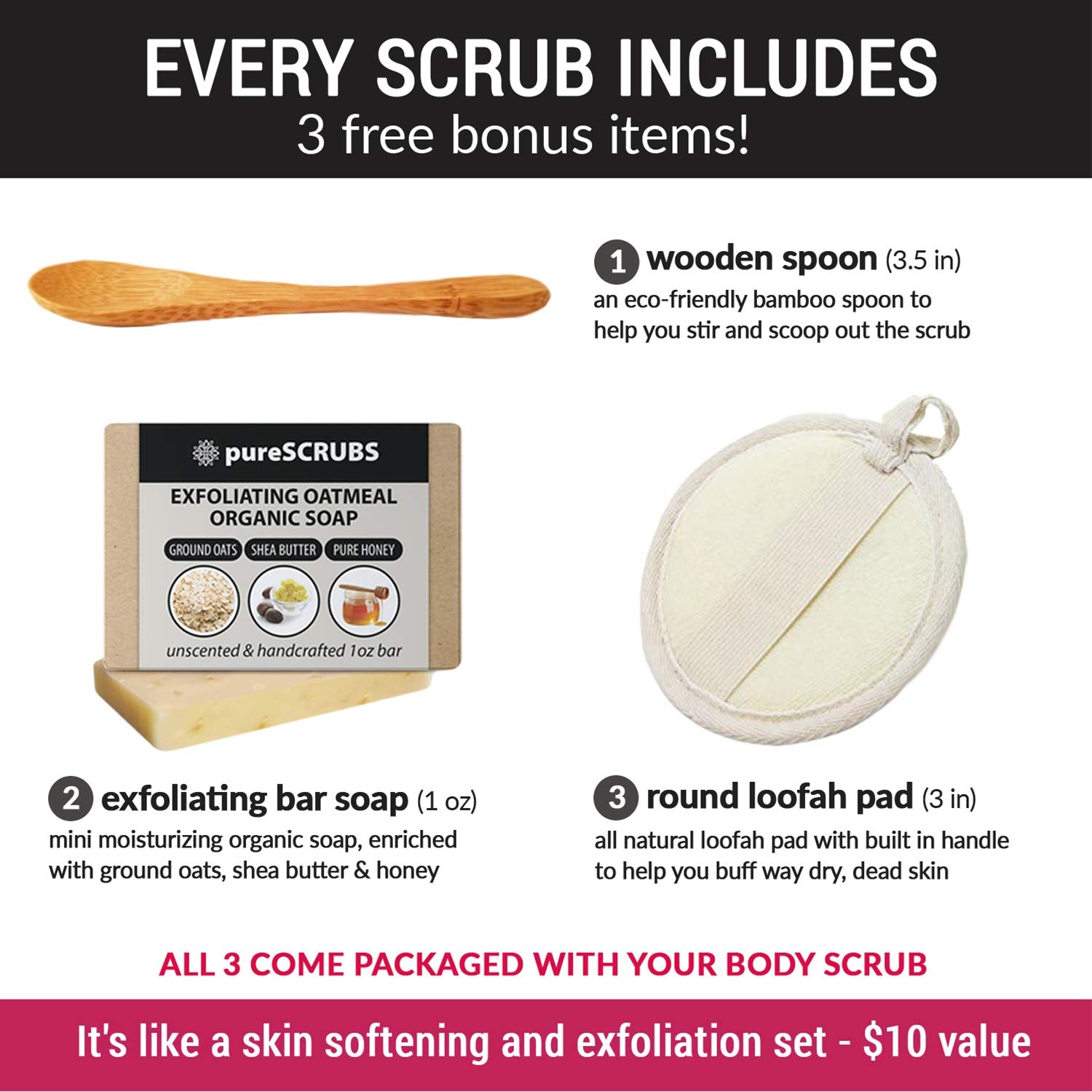 pureSCRUBS Premium Citrus Body Scrub Set – 16oz Dead Sea Salt, Essential Oils, Wooden Spoon & Loofah