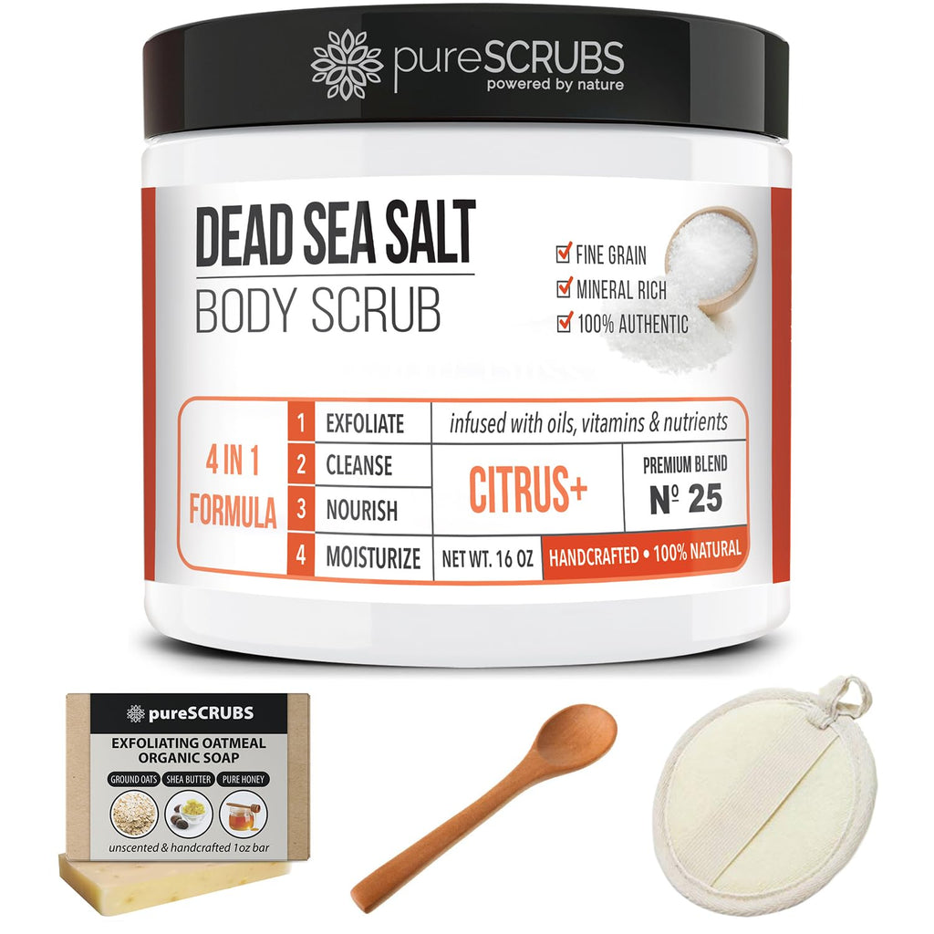 pureSCRUBS Premium Citrus Body Scrub Set – 16oz Dead Sea Salt, Essential Oils, Wooden Spoon & Loofah