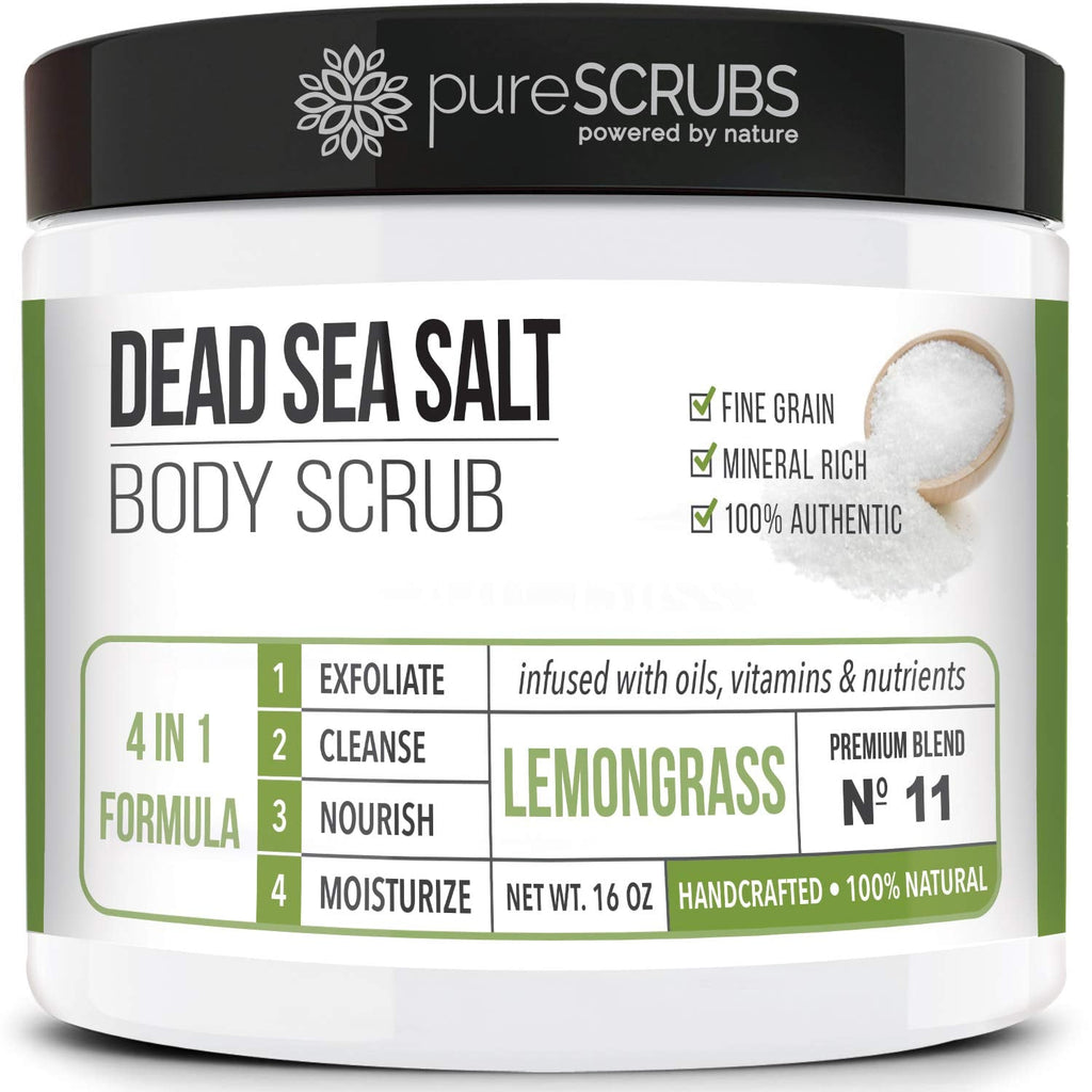 pureSCRUBS Premium Lemongrass Dead Sea Salt Body Exfoliator Scrub – 16oz Jar with Spoon, Loofah & Exfoliating Soap