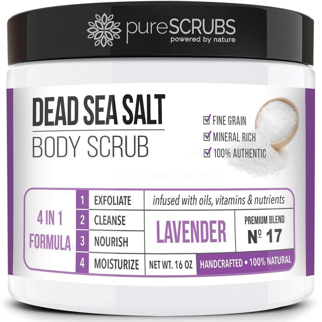 PureSCRUBS Premium Lavender Body Scrub Set – 16oz Dead Sea Salt Exfoliant with Essential Oils + Bonus Accessories