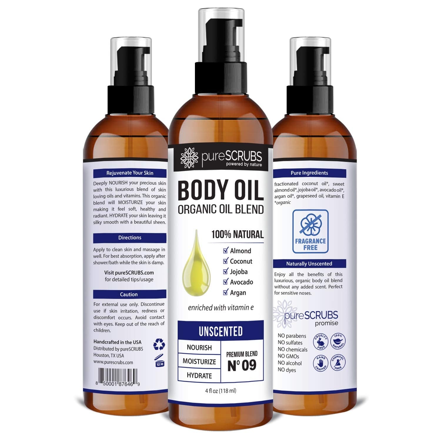 pureSCRUBS Ultra Moisturizing Unscented Body Oil Spray – Organic Jojoba, Argan & Coconut Blend, 4oz